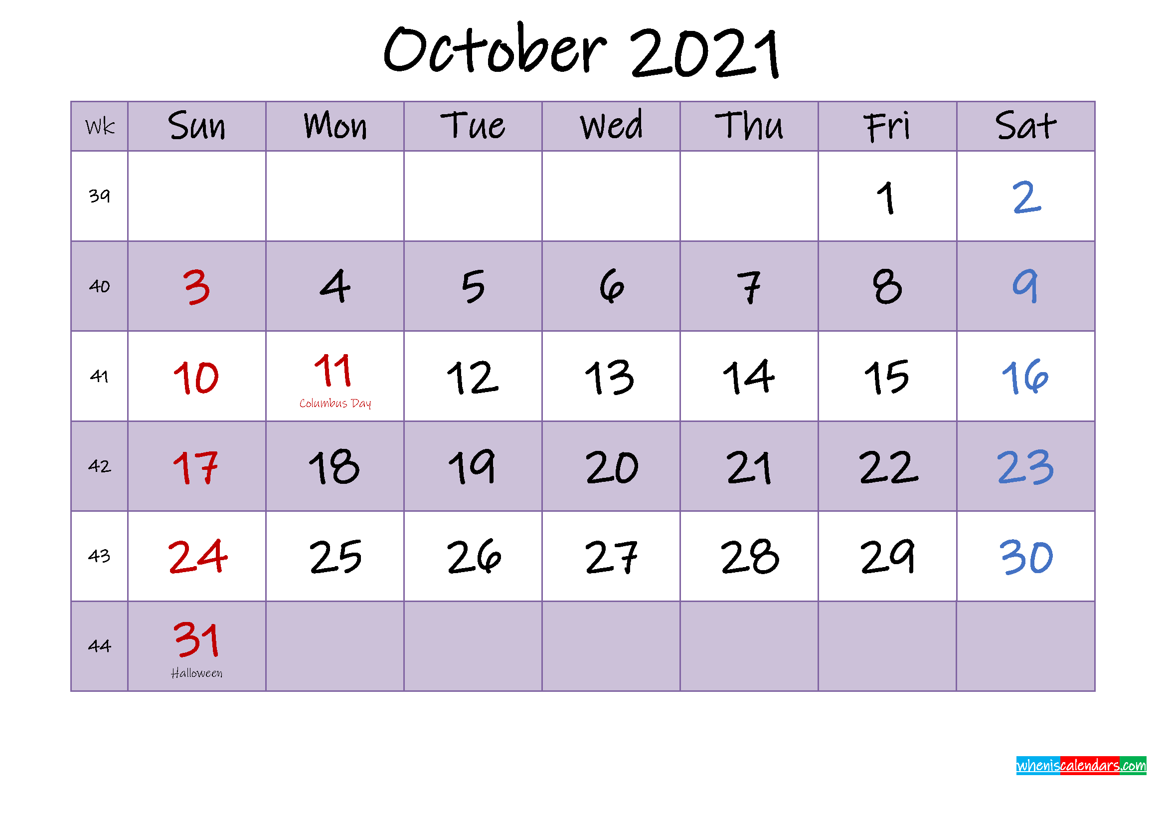 calendar october 2021 template editable