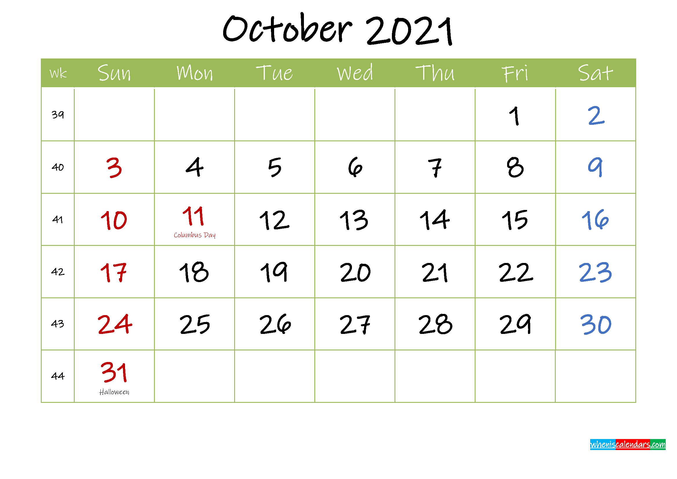 Free Printable October 2021 Calendar with Holidays Template ink21m46