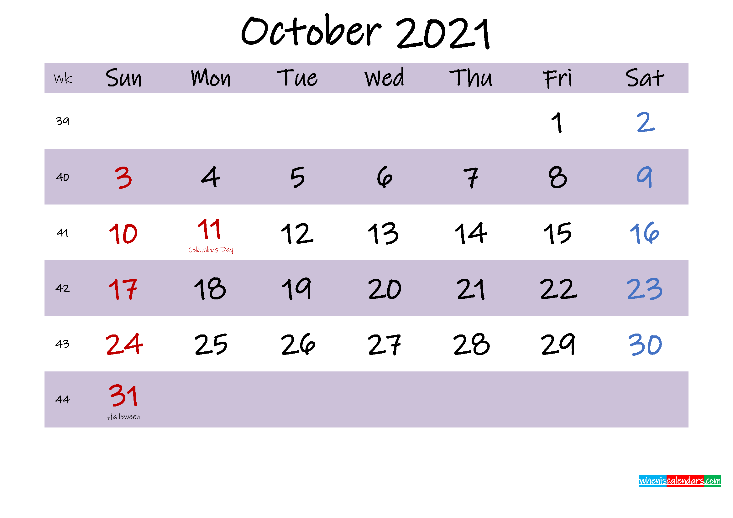 October 2021 Calendar with Holidays Printable - Template ...