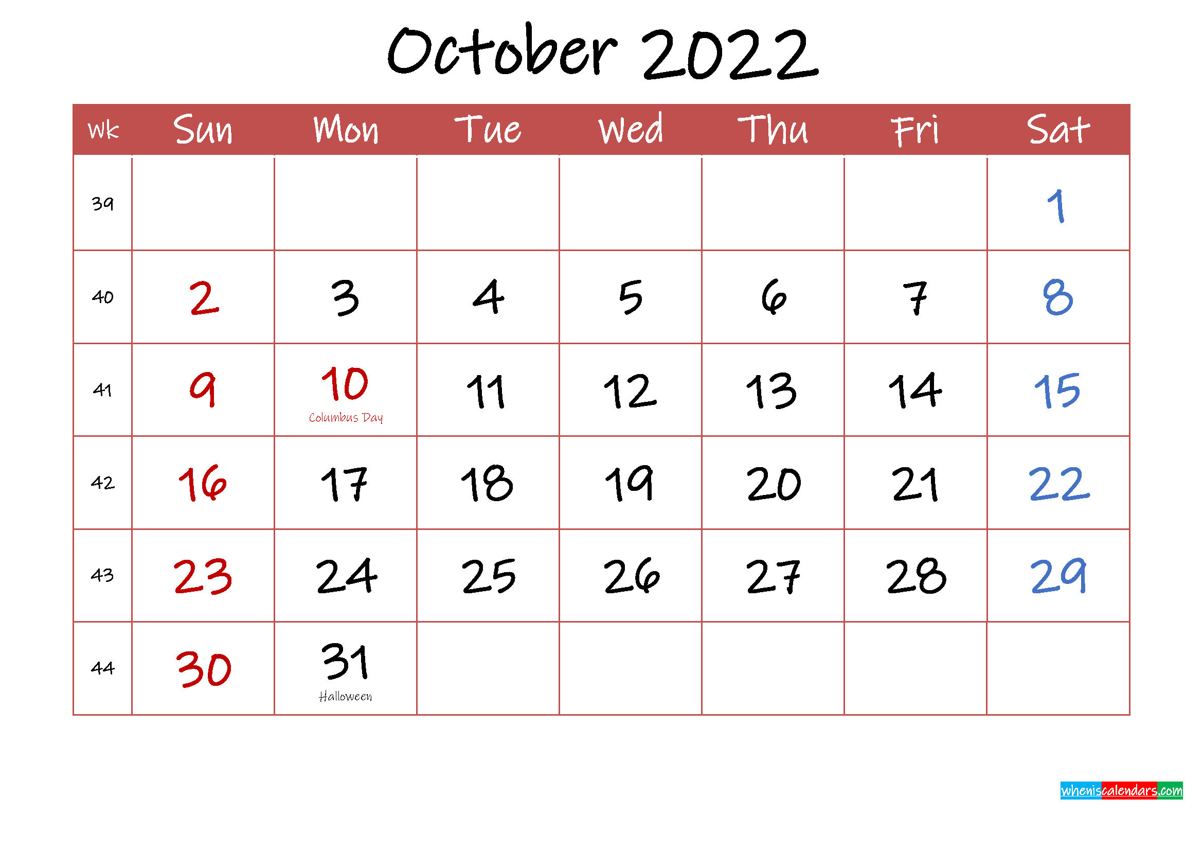 Printable October 2022 Calendar With Holidays Template Ink22m34