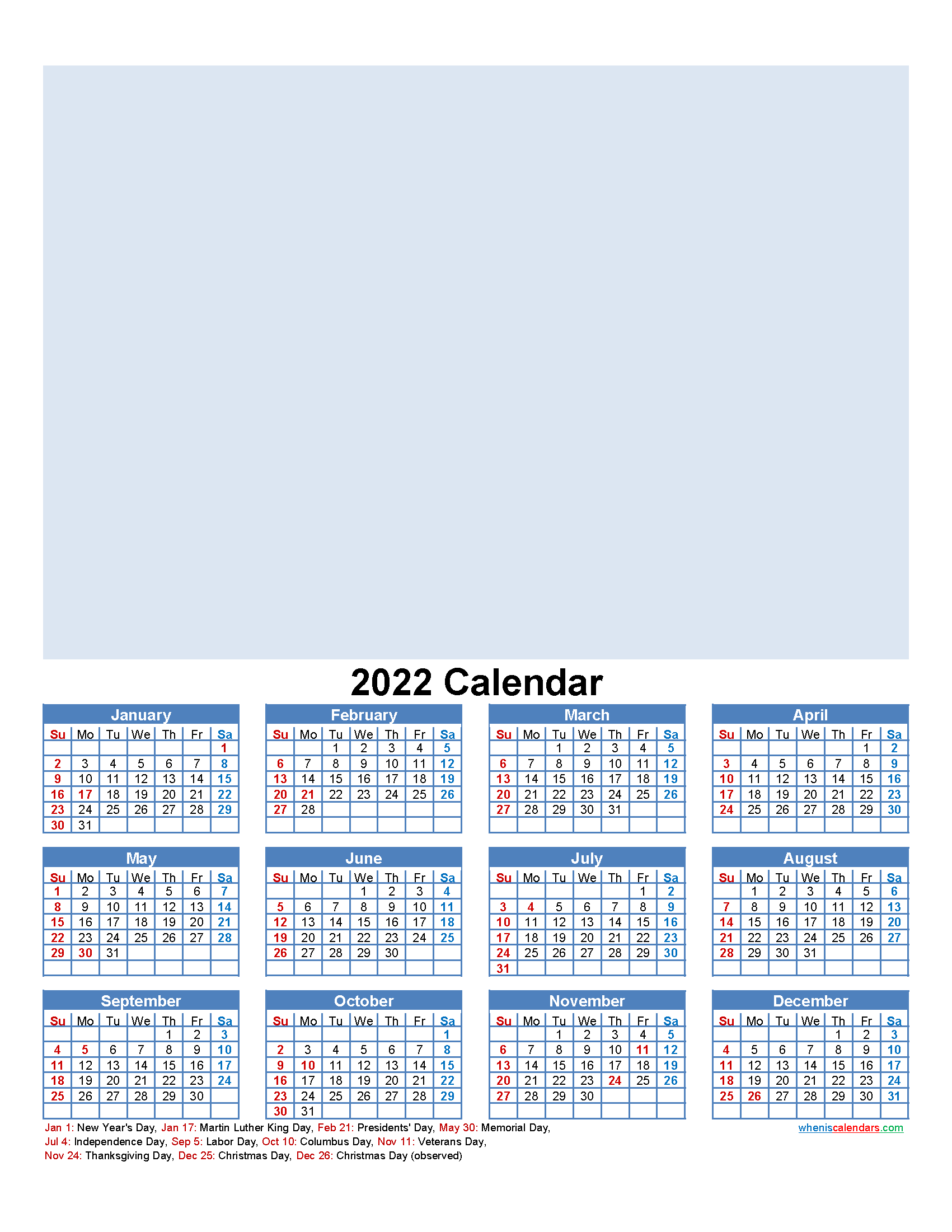 Free Printable Photo Calendar 2022 Word and PDF document and high resolution PNG Image file