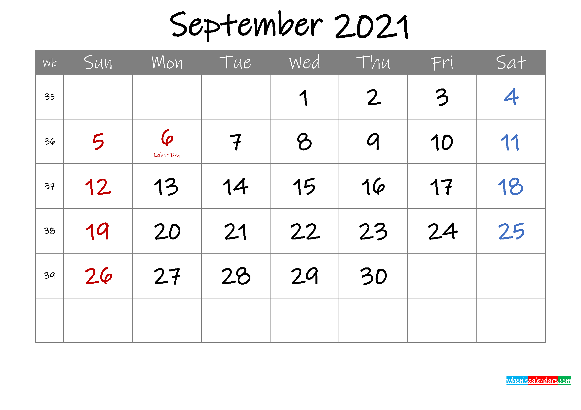 Editable September 2021 Calendar With Holidays - Template Ink21m9