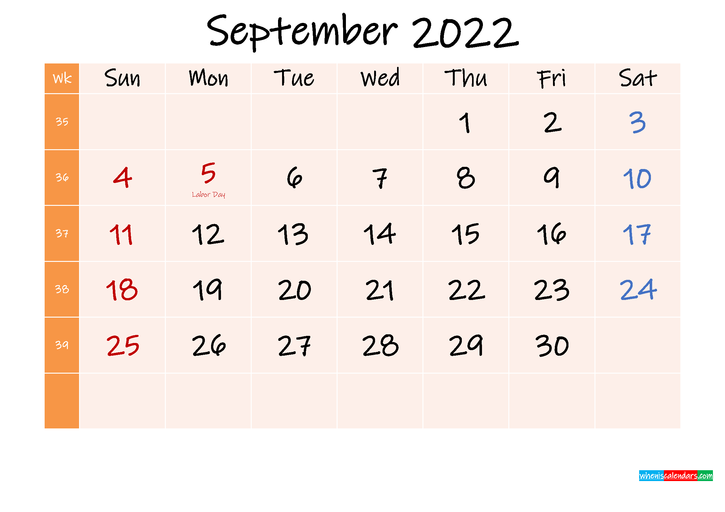 Free Printable September 2022 Calendar With Holidays - Template No