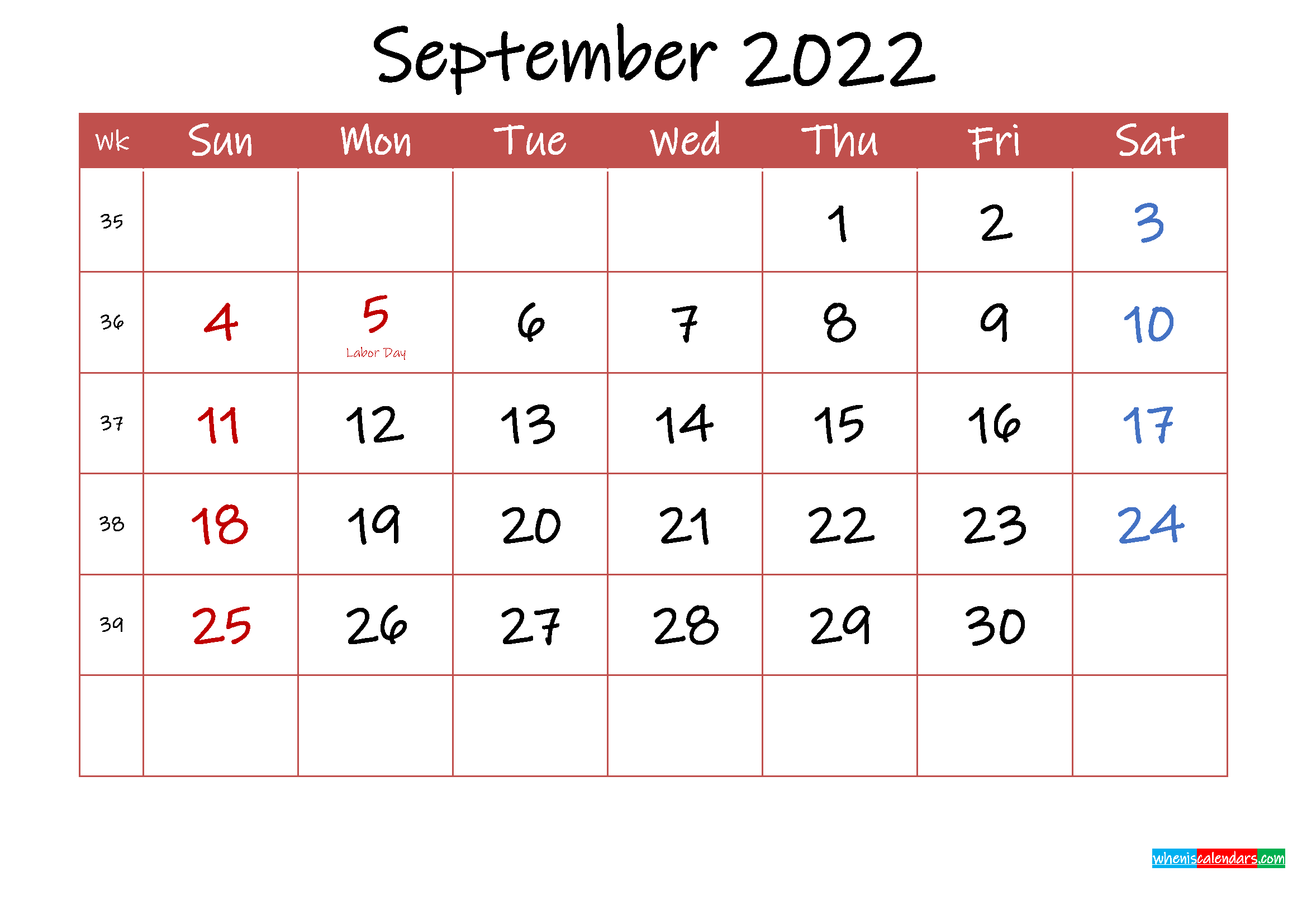 Printable September 2022 Calendar with Holidays Template ink22m33