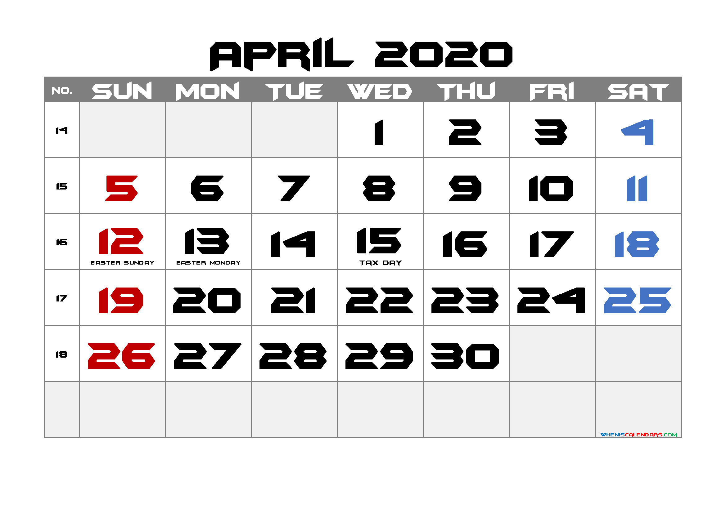 Free APRIL 2020 Calendar Printable