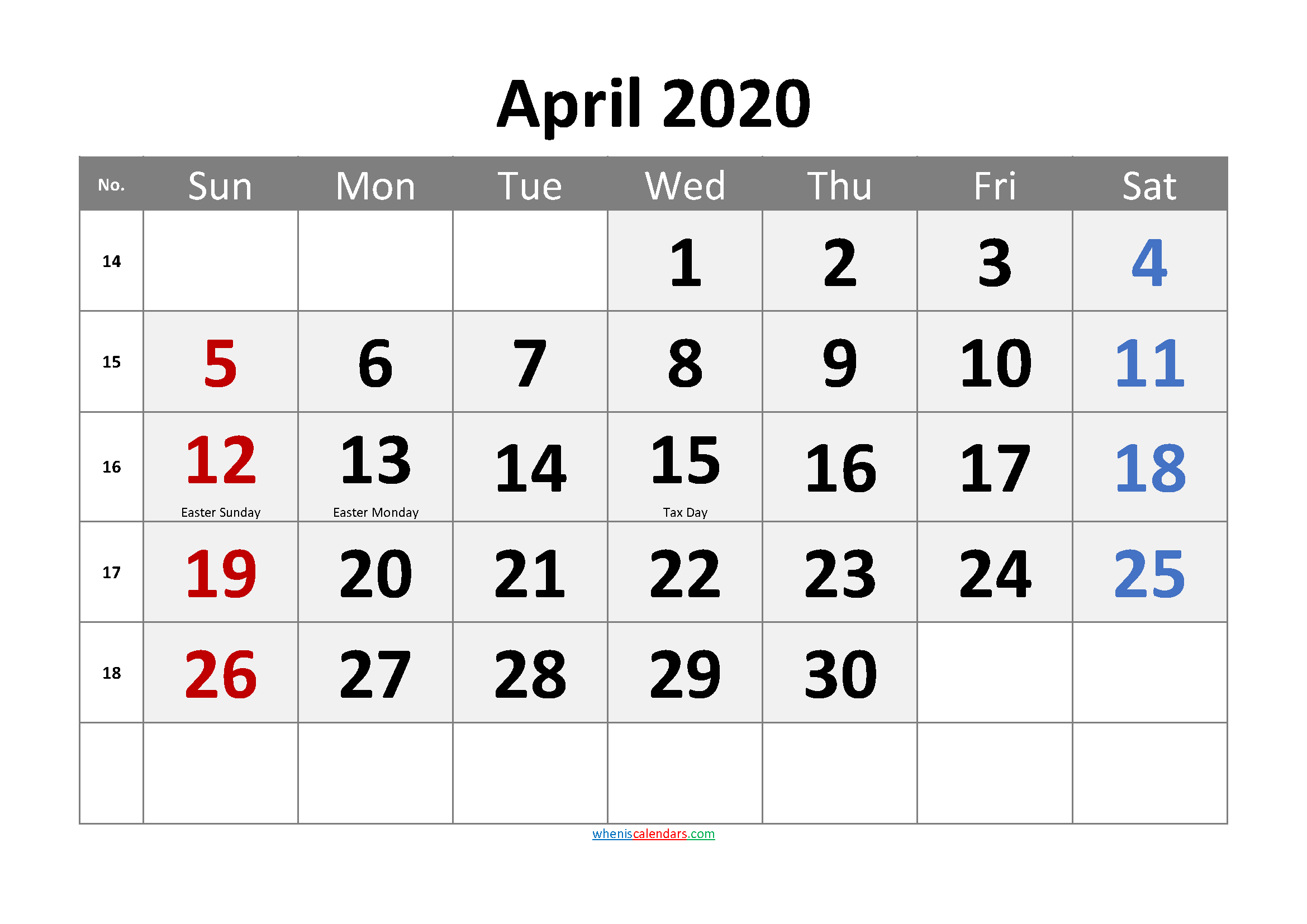 APRIL 2020 Printable Calendar with Holidays