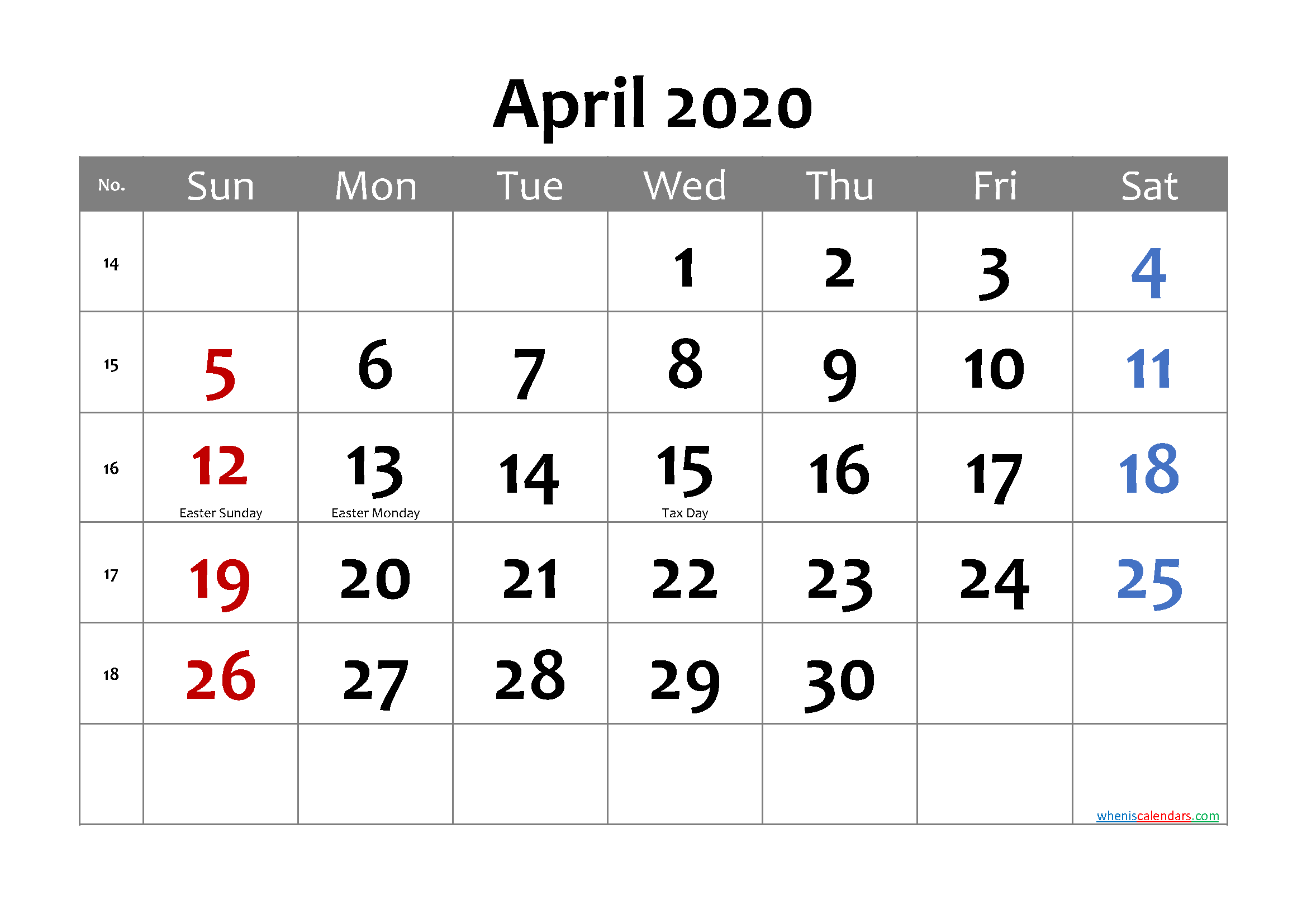 Free Printable APRIL 2020 Calendar with Holidays