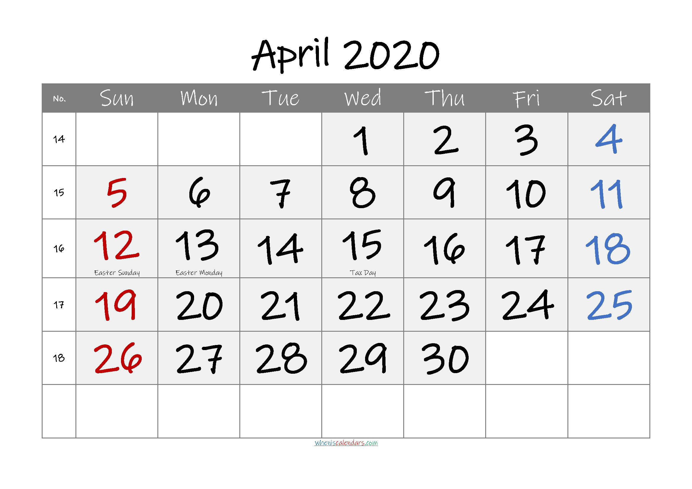 Printable APRIL 2020 Calendar with Holidays