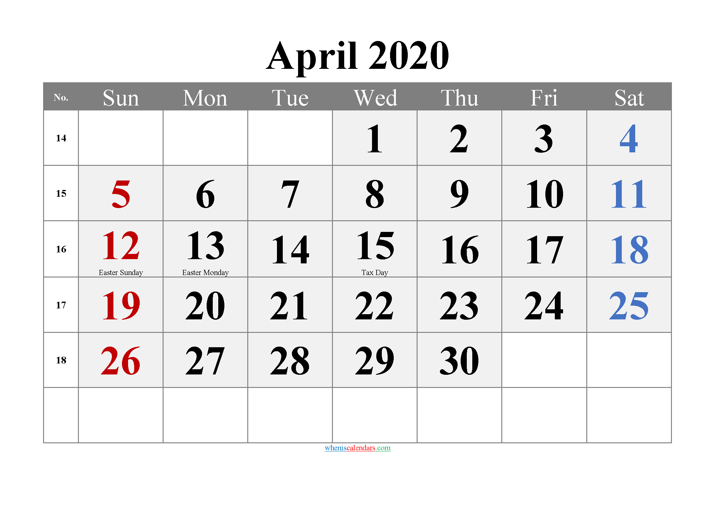 APRIL 2020 Printable Calendar with Holidays
