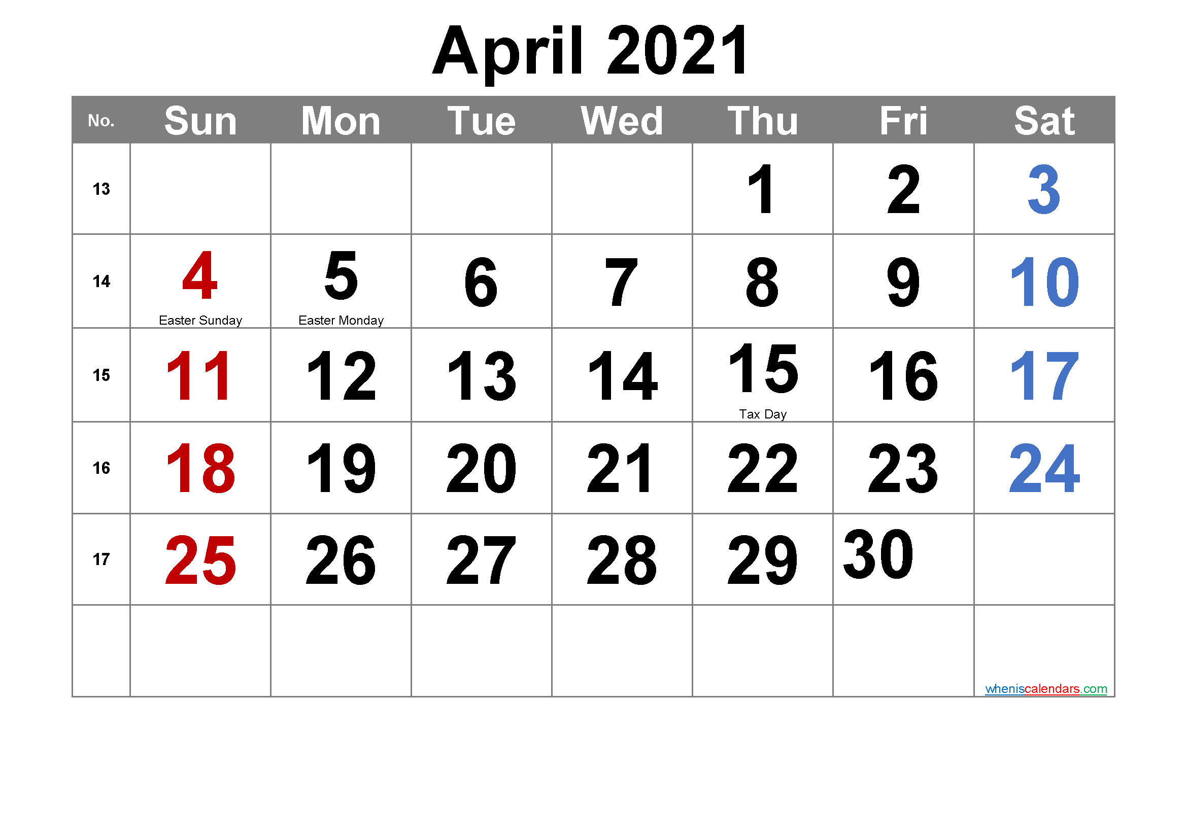 Printable APRIL 2021 Calendar with Holidays