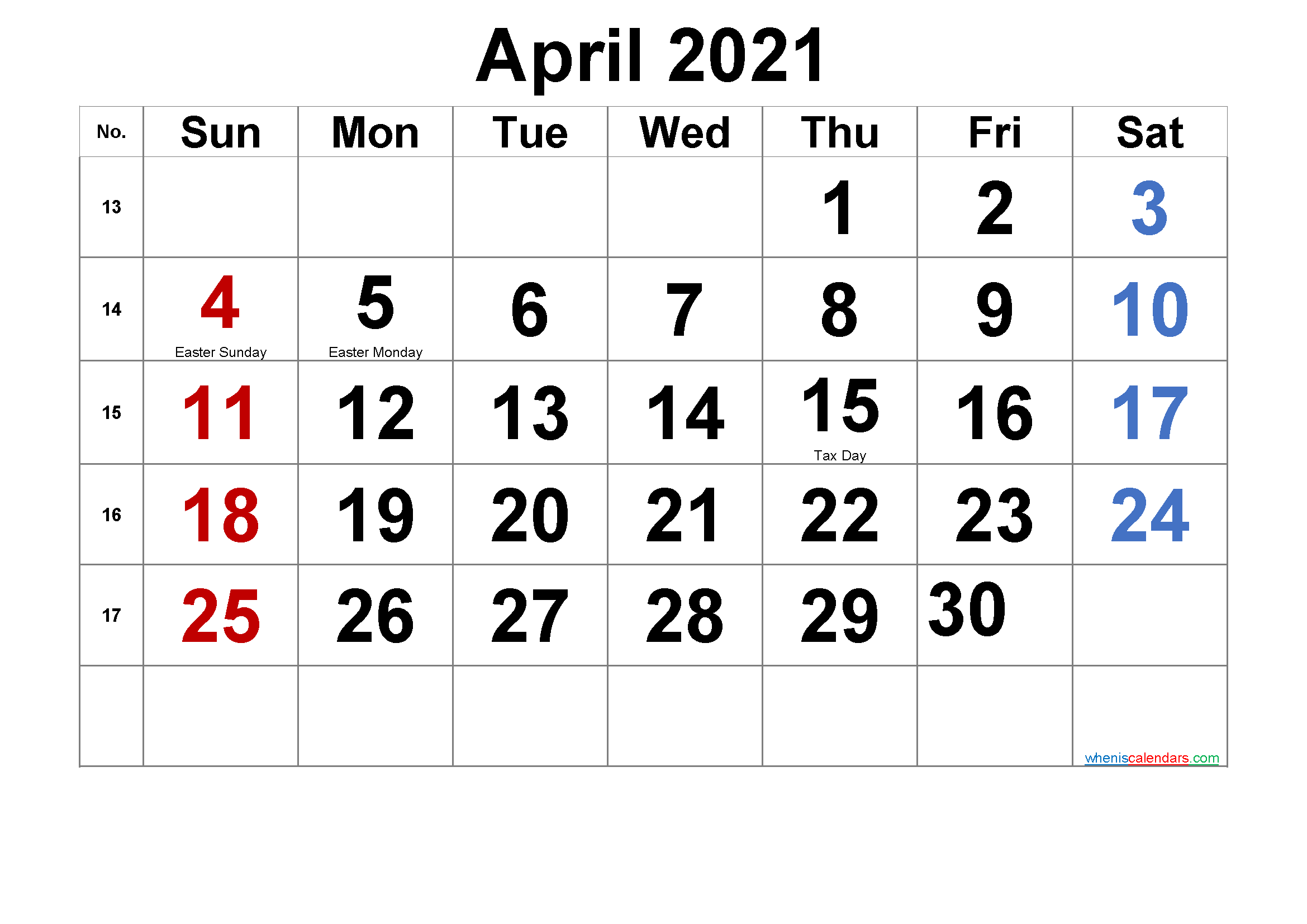 Free Printable APRIL 2021 Calendar with Holidays