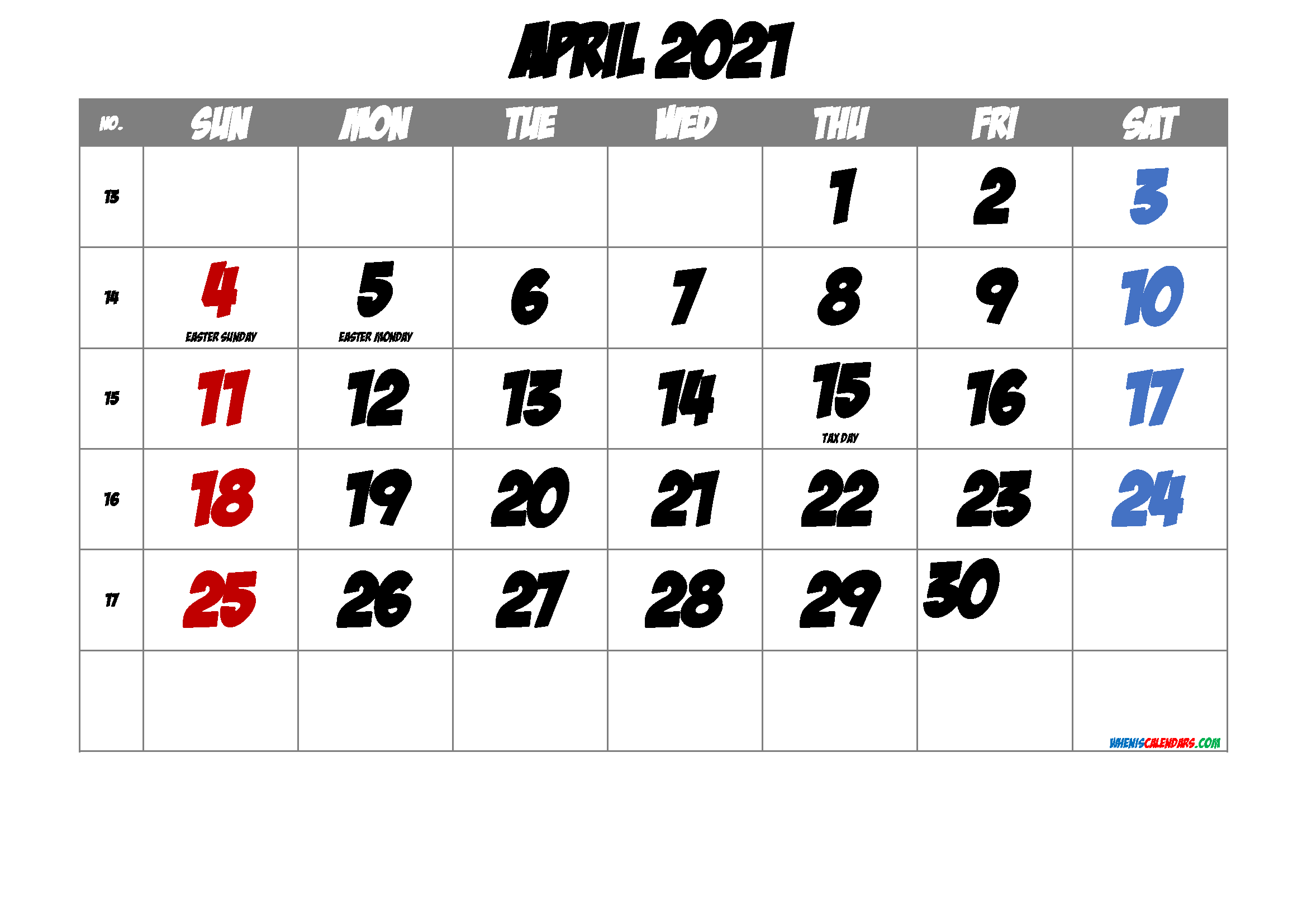 APRIL 2021 Printable Calendar with Holidays
