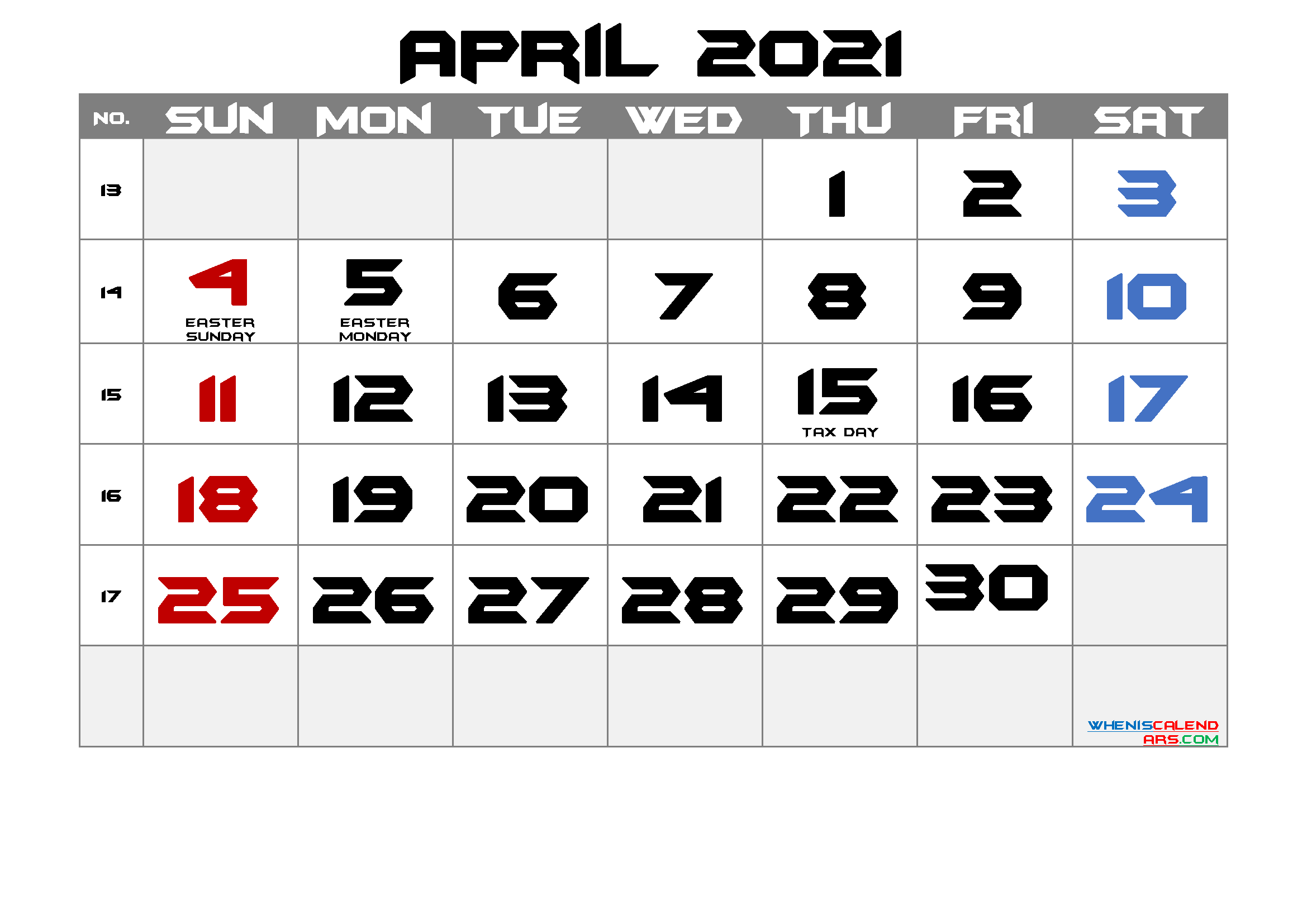 April 2021 Free Printable Calendar with Holidays 