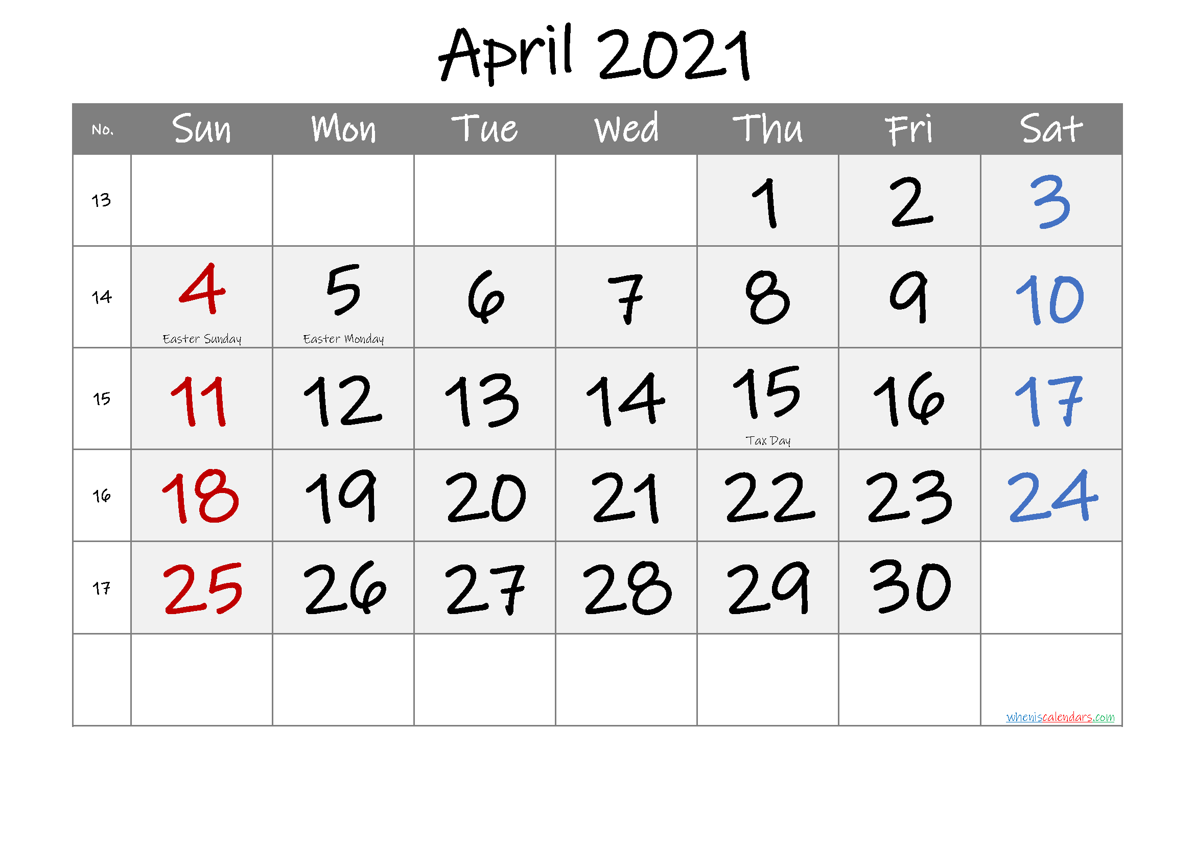 Printable APRIL 2021 Calendar with Holidays
