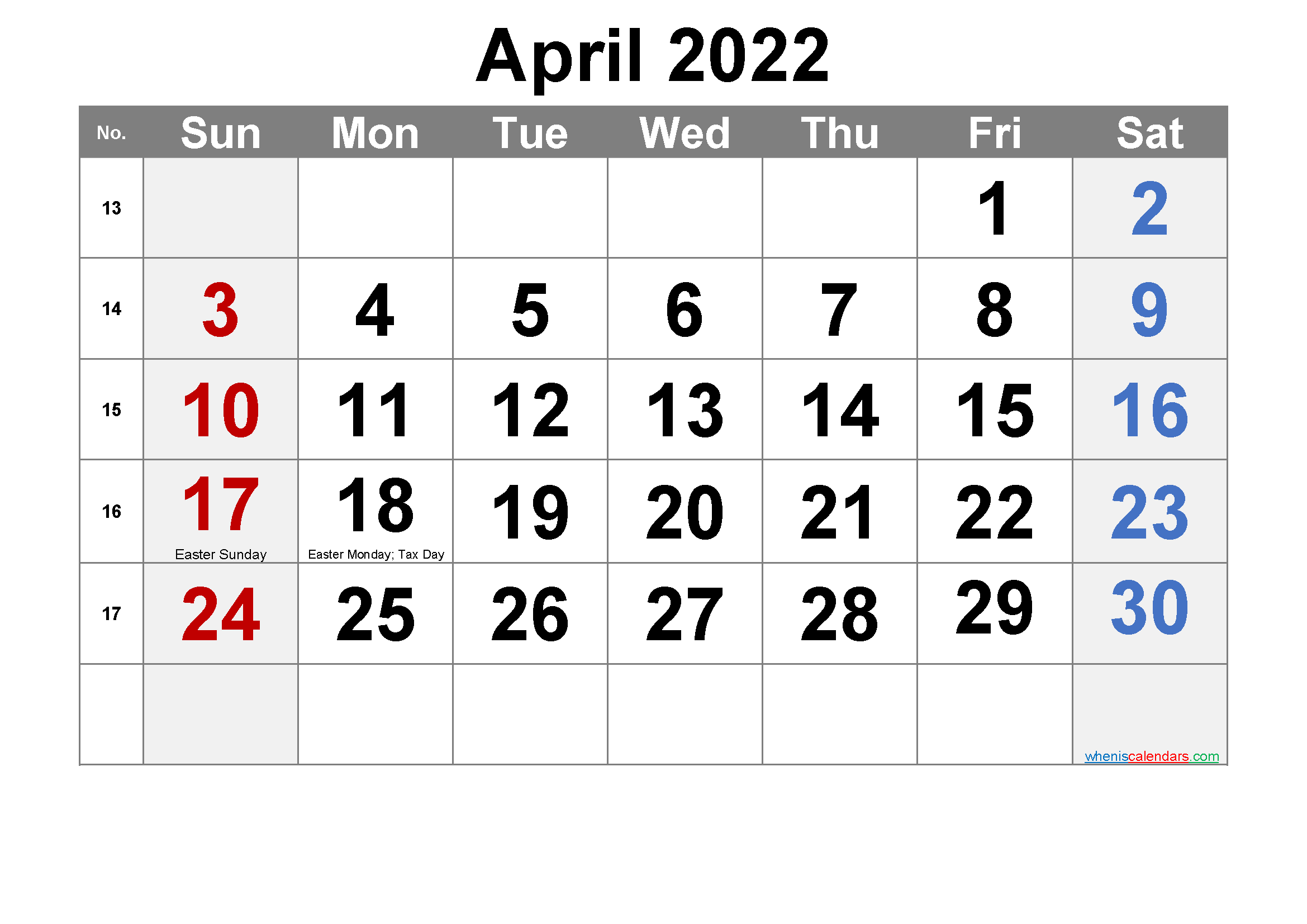Printable April 2022 Calendar Word