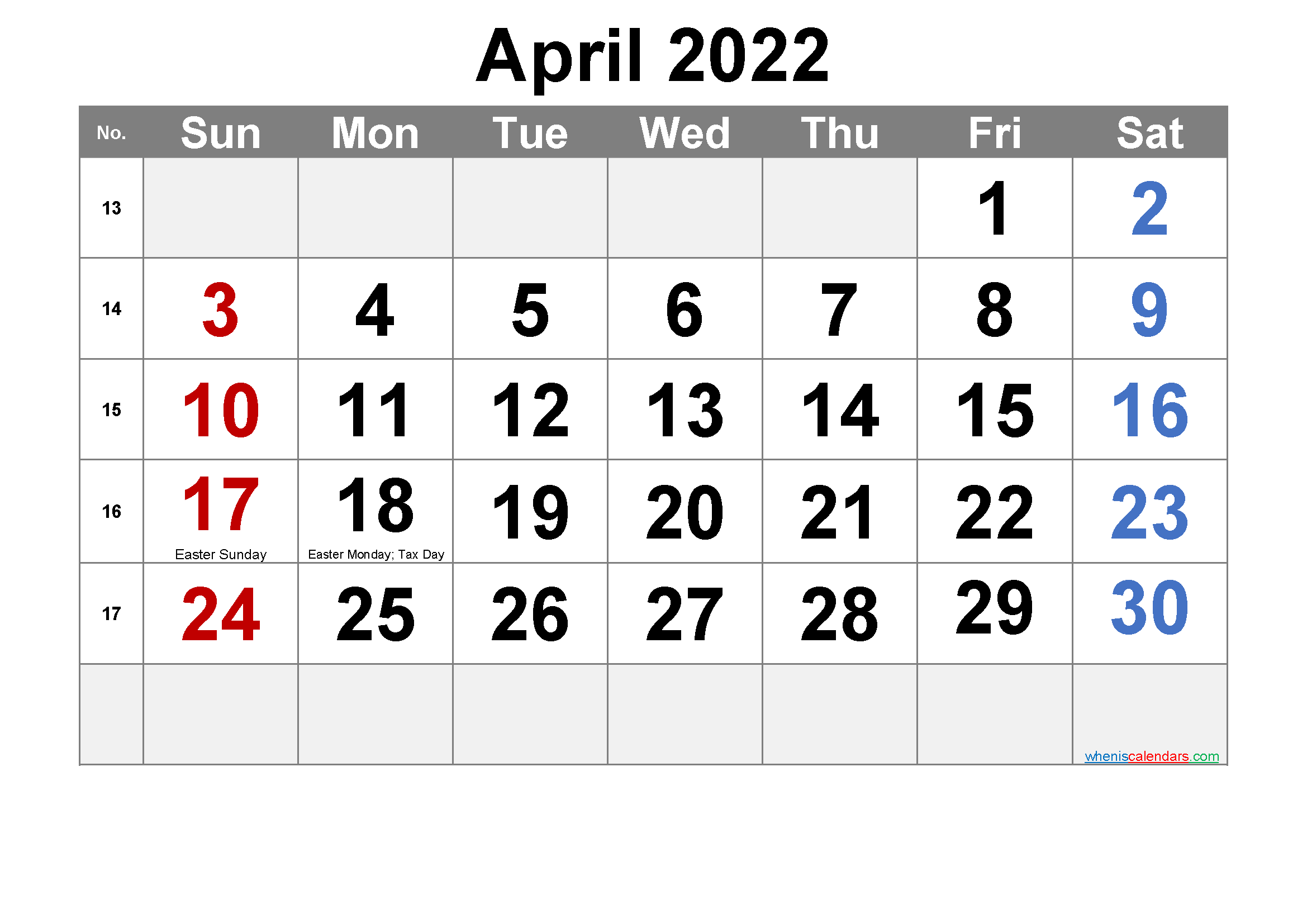 April 2022 Printable Calendar With Holidays