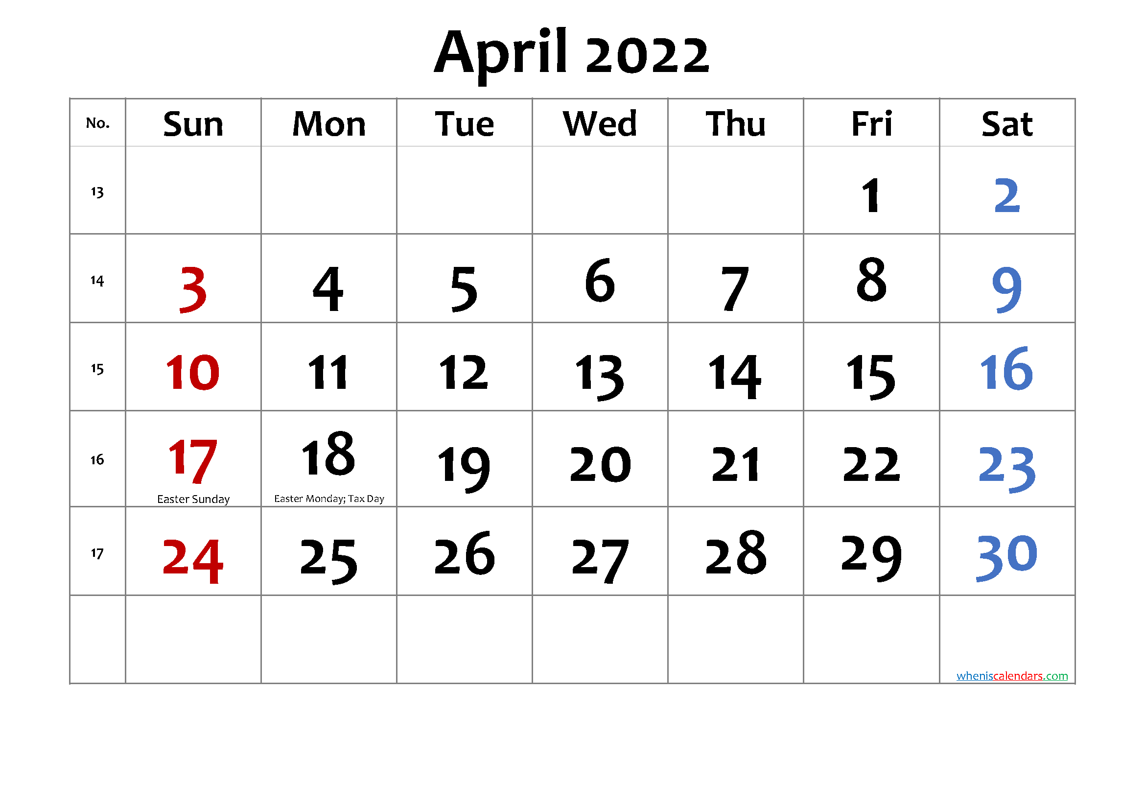 April 2022 Printable Calendar With Holidays