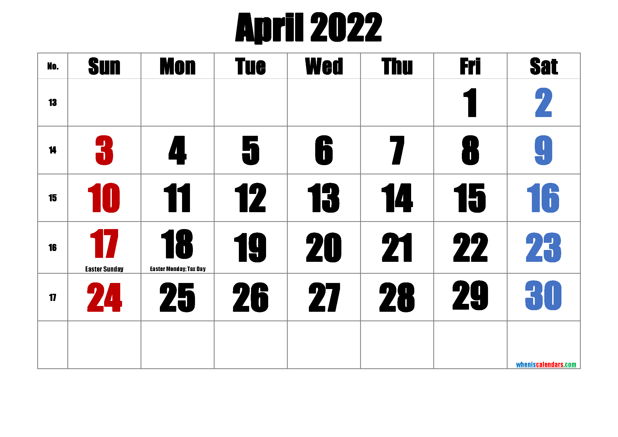 Printable APRIL 2022 Calendar with Holidays