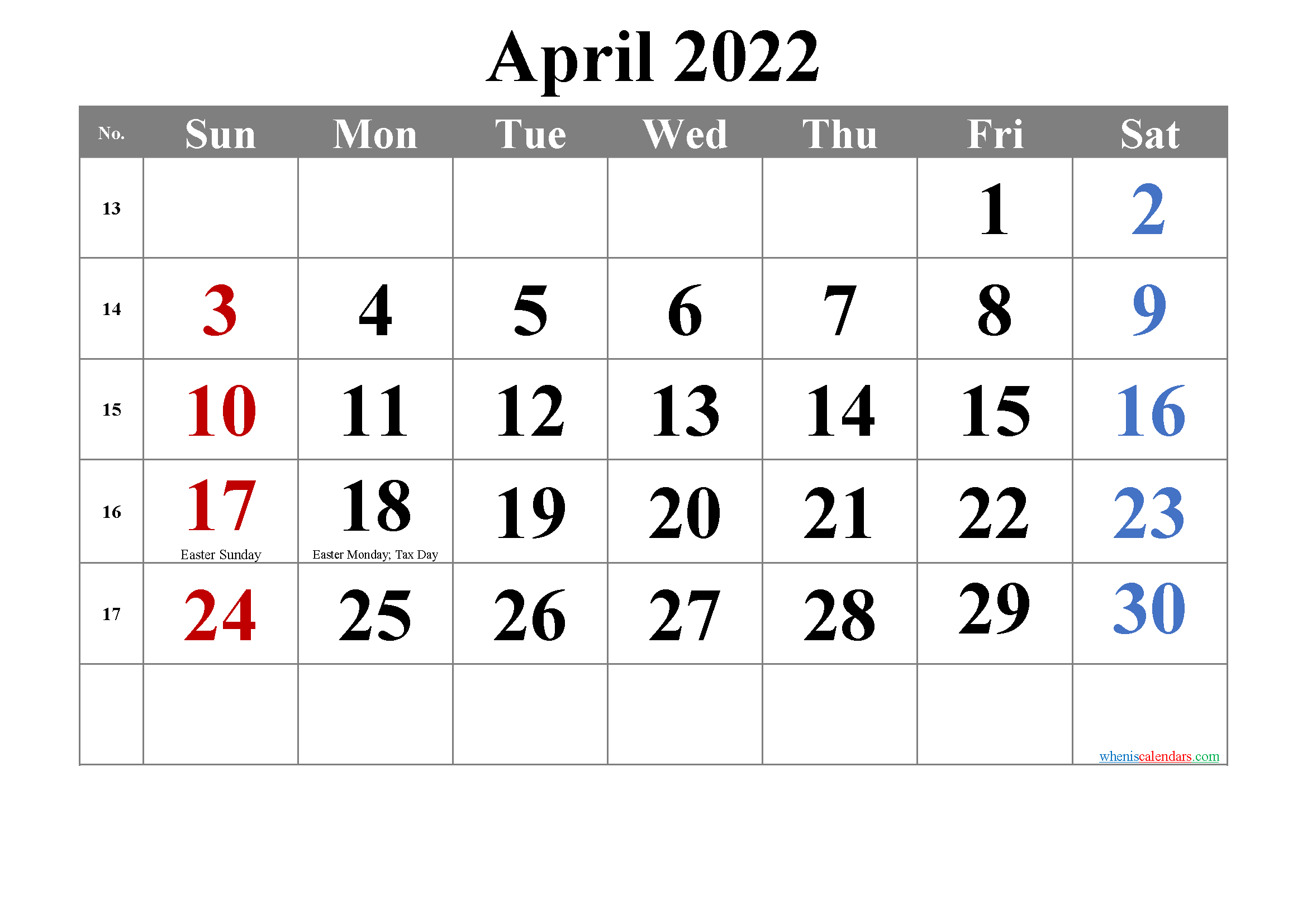Easter 2022 Calendar April 2022 Calendar With Holidays Printable-Template No.tr22M4