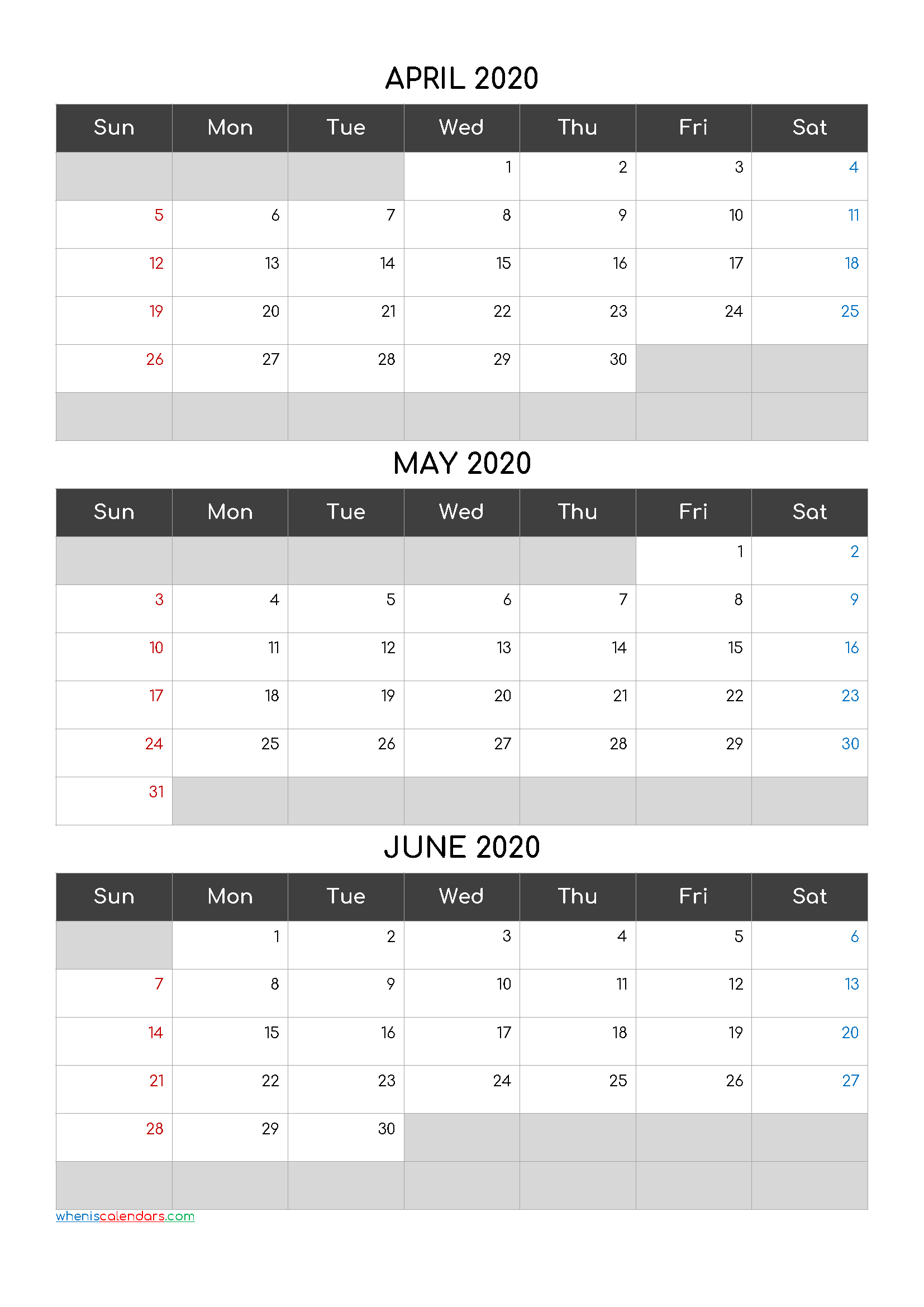 Printable Calendar April May June 2020