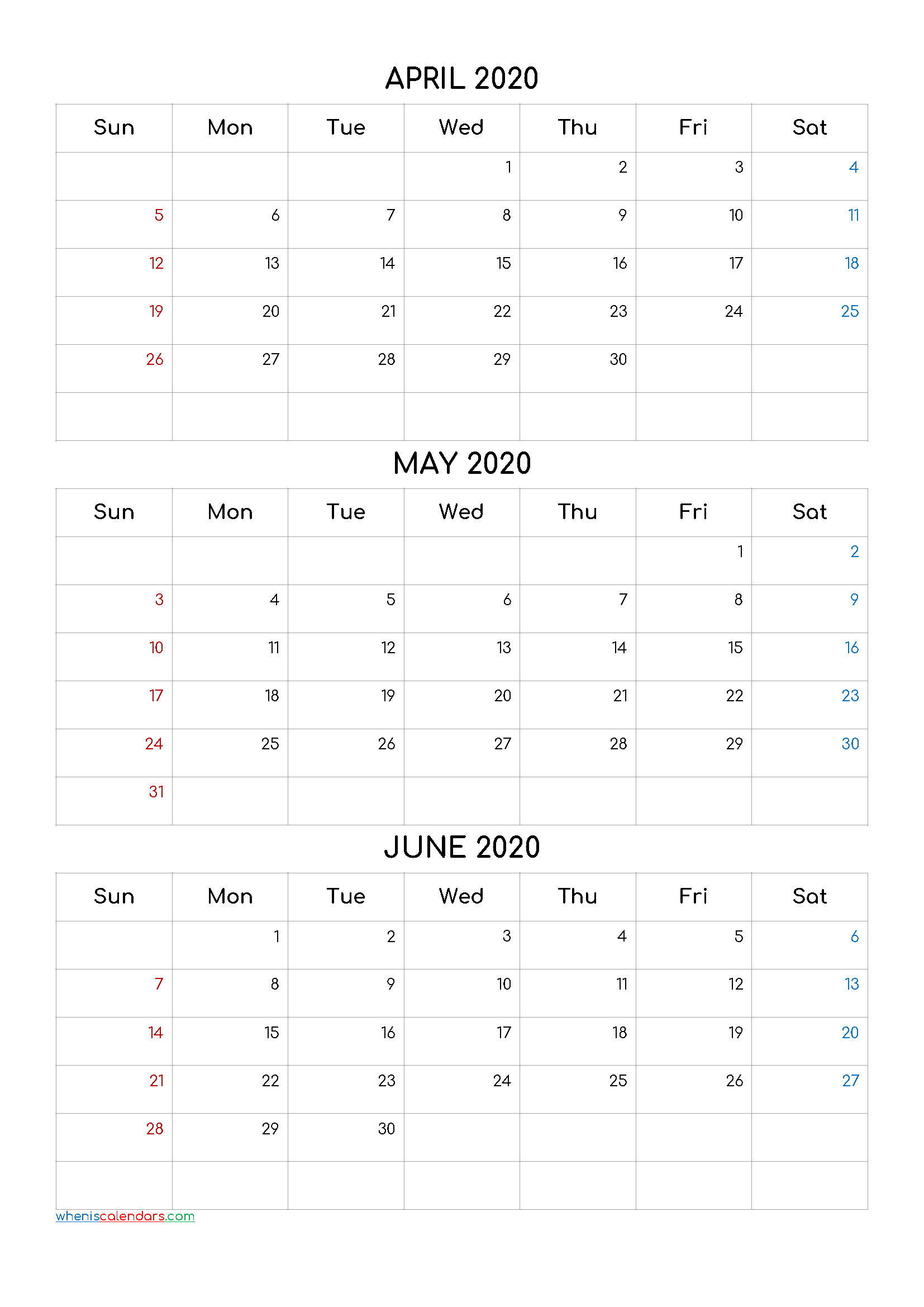 Free April May June 2020 Calendar