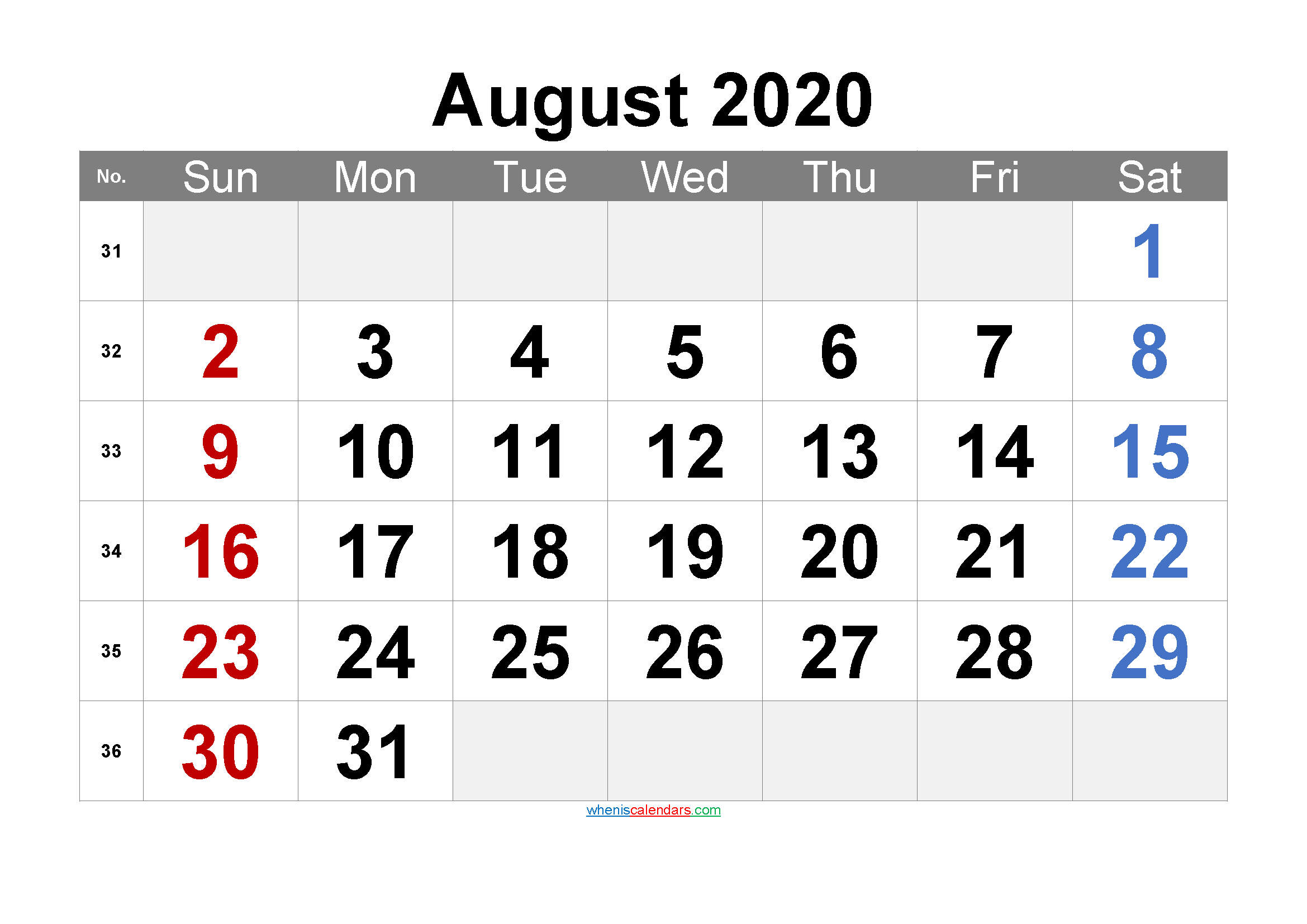 AUGUST 2020 Printable Calendar with Holidays