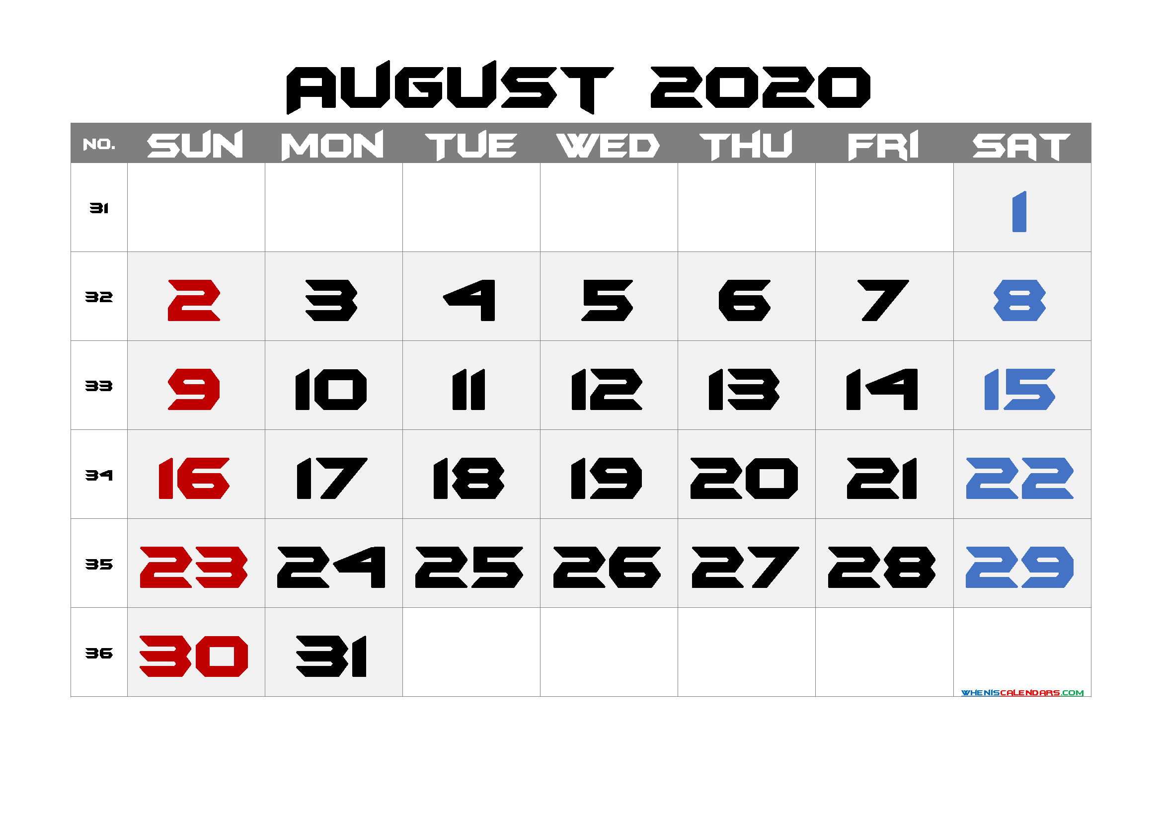 Printable AUGUST 2020 Calendar with Holidays