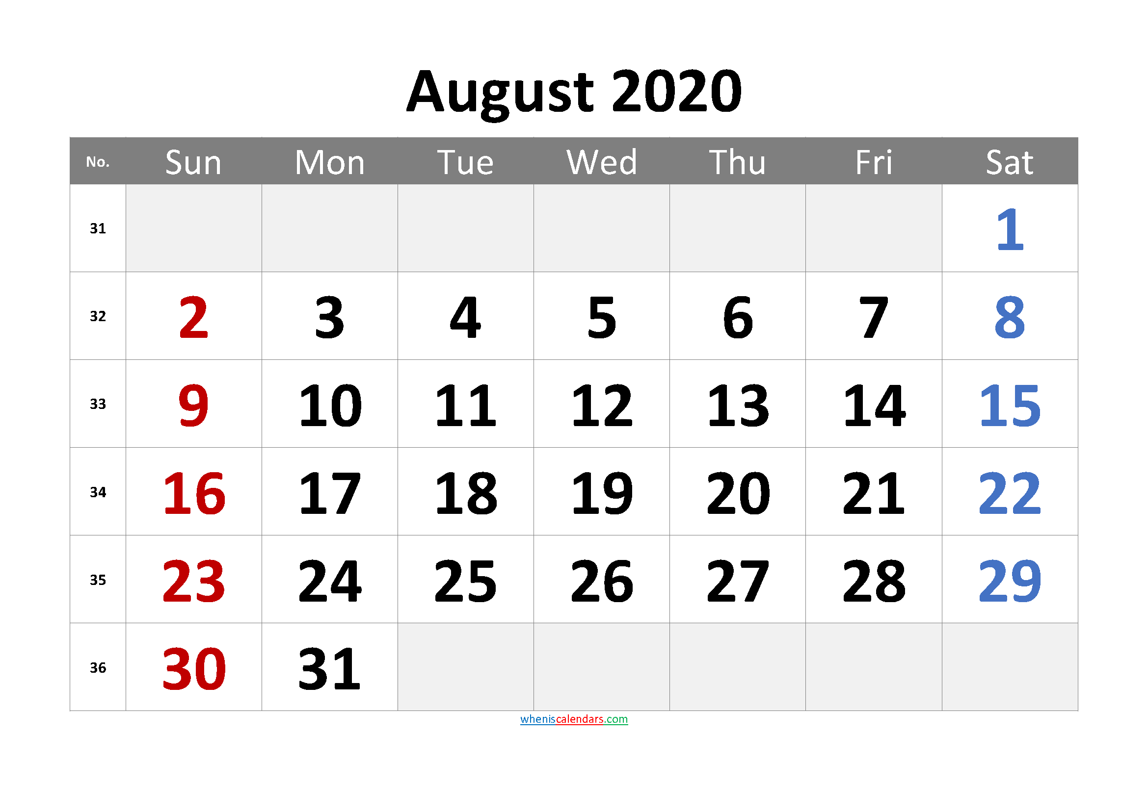 Free Printable August 2020 Calendar