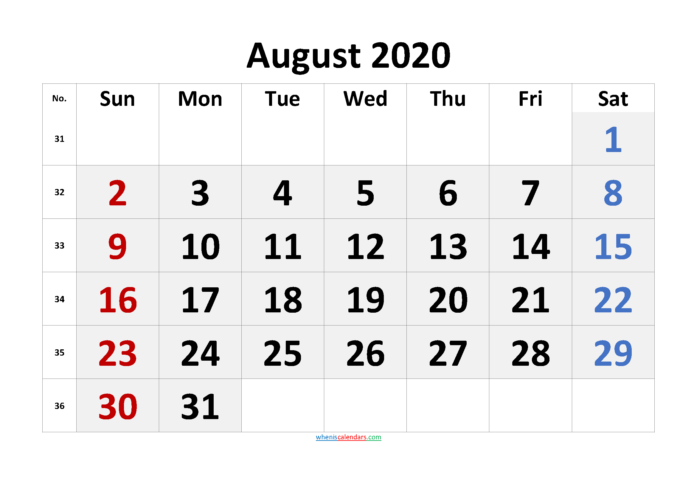 August 2020 Calendar with Holidays Printable