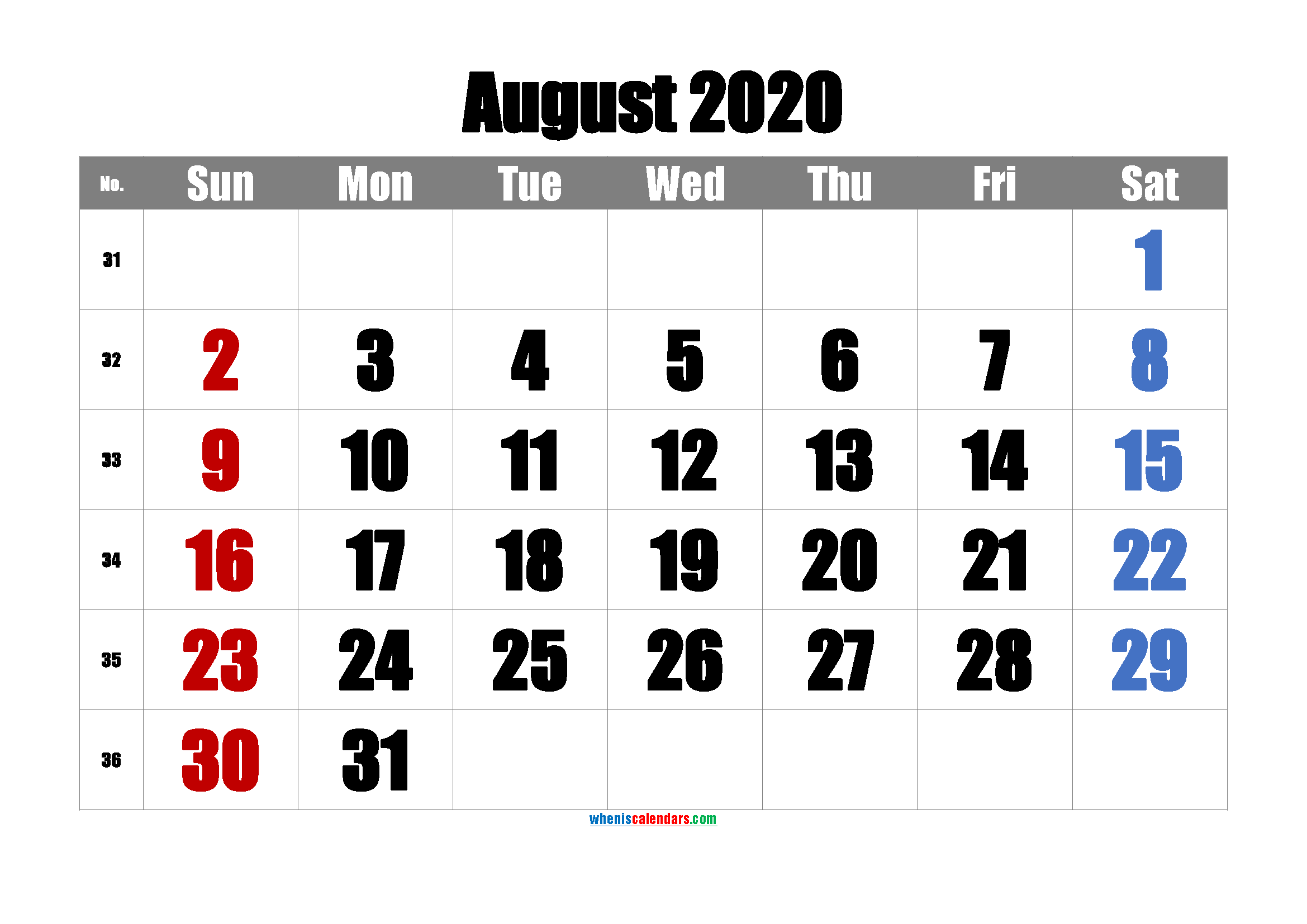 Printable August 2020 Calendar PDF