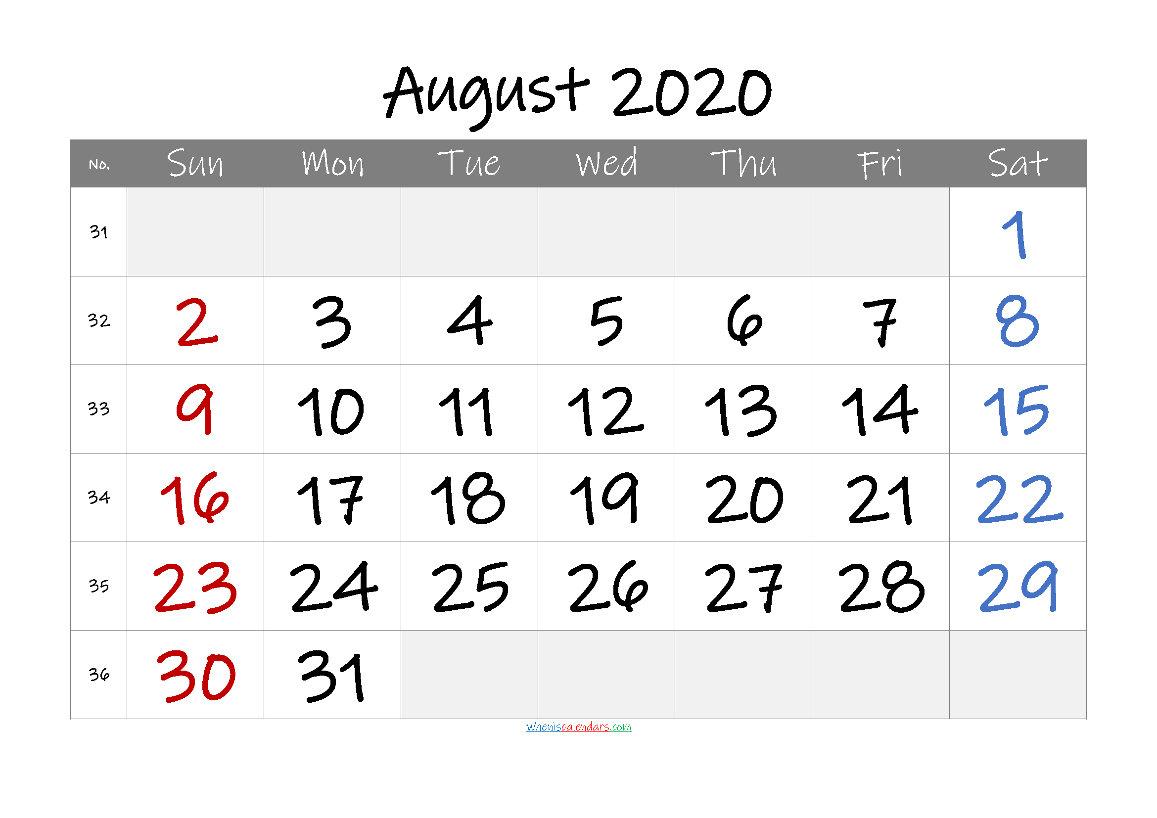 August 2020 Free Printable Calendar