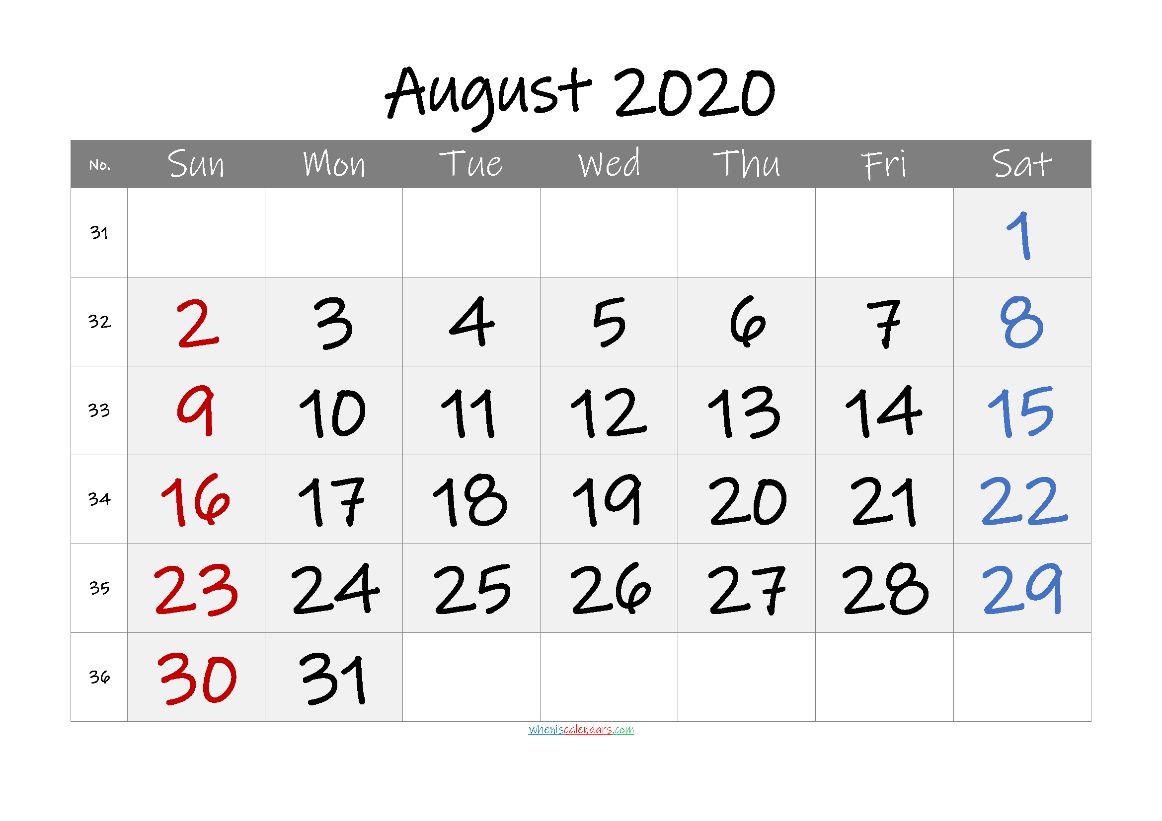 Free Printable Coloring Calendar 2020 August