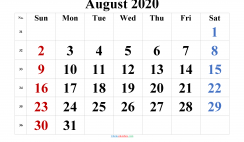 Printable August 2020 Calendar with Holidays