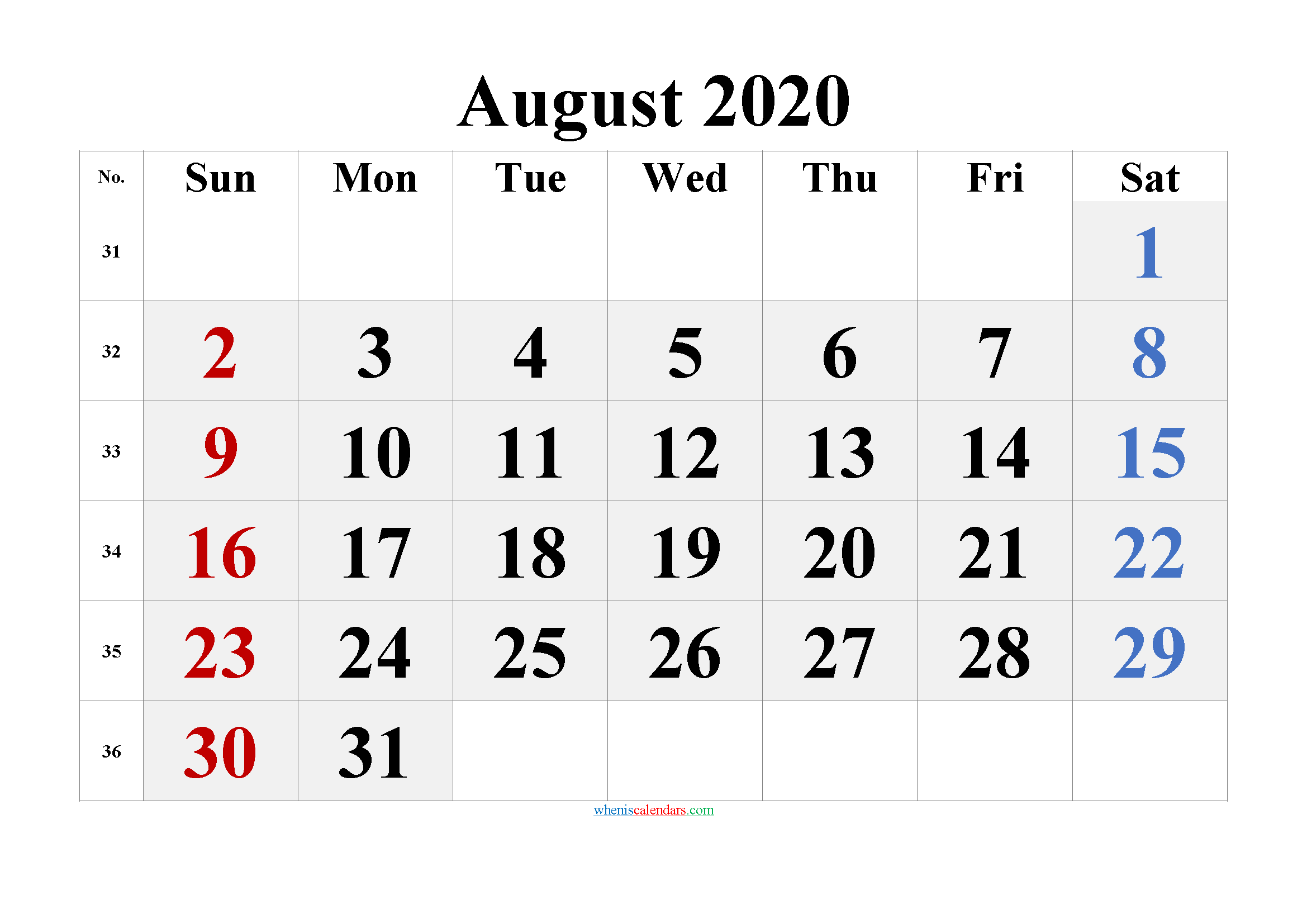 Printable August 2020 Calendar Word