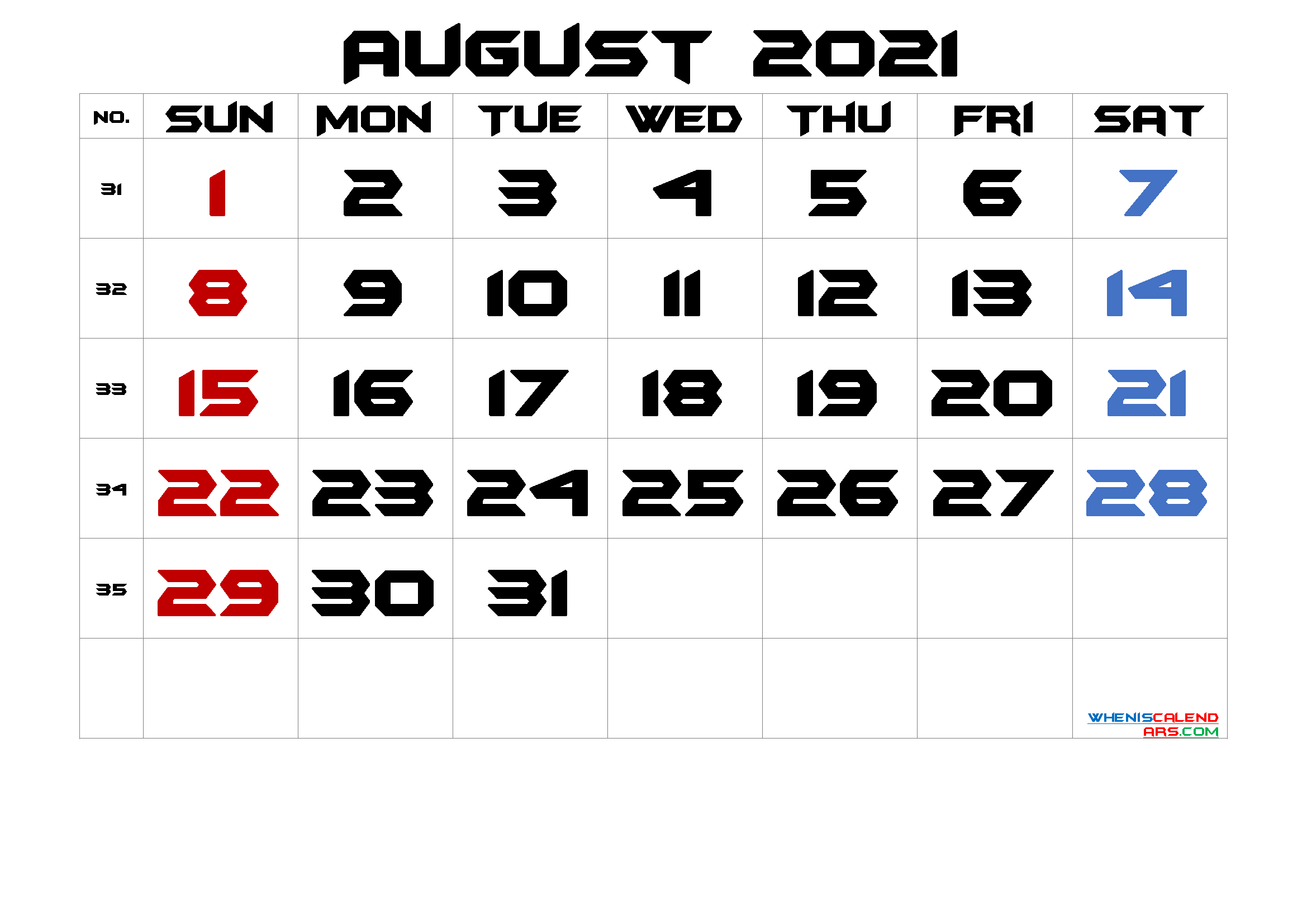 August 2021 Printable Calendar with Holidays