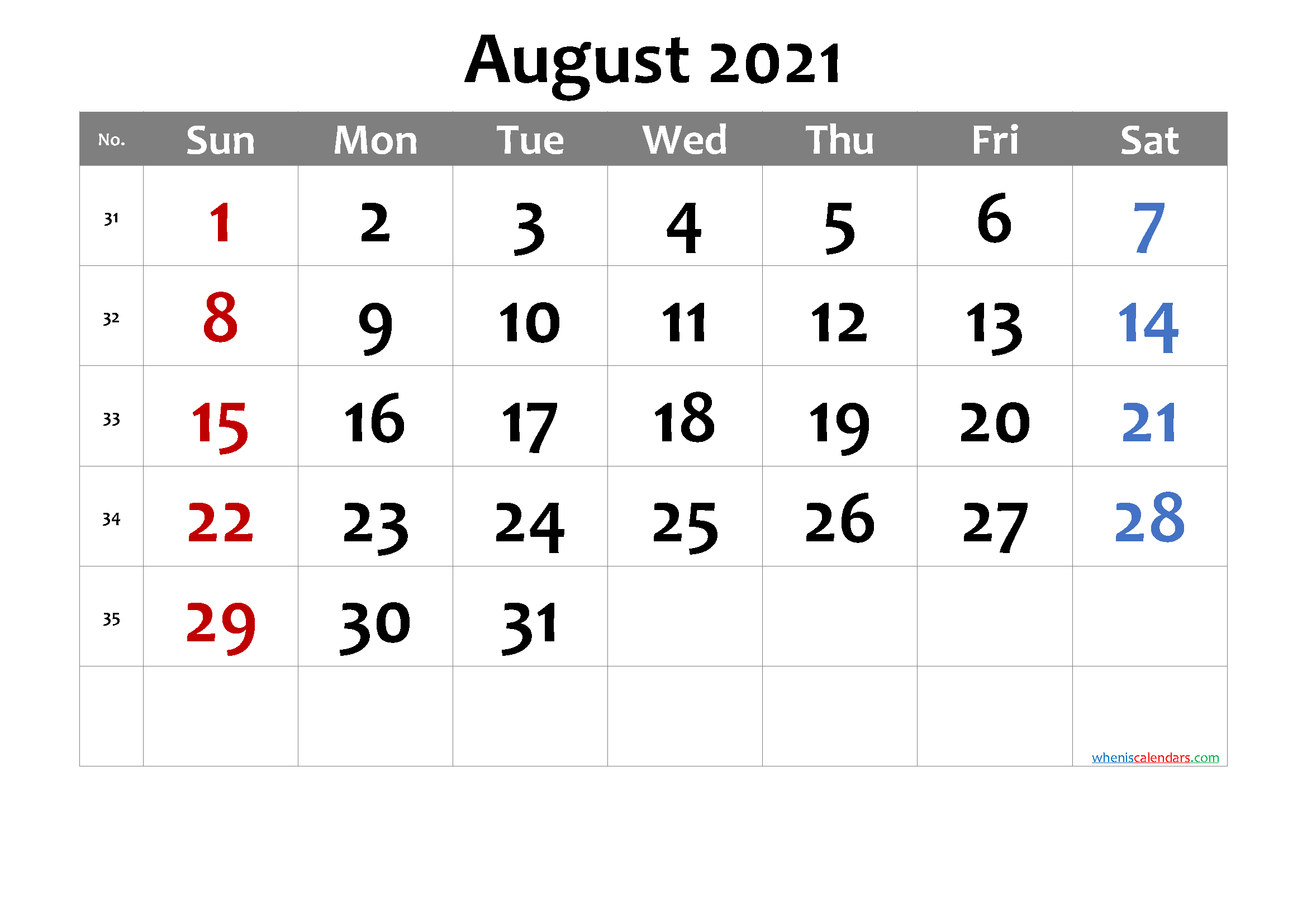 Free Printable AUGUST 2021 Calendar with Holidays
