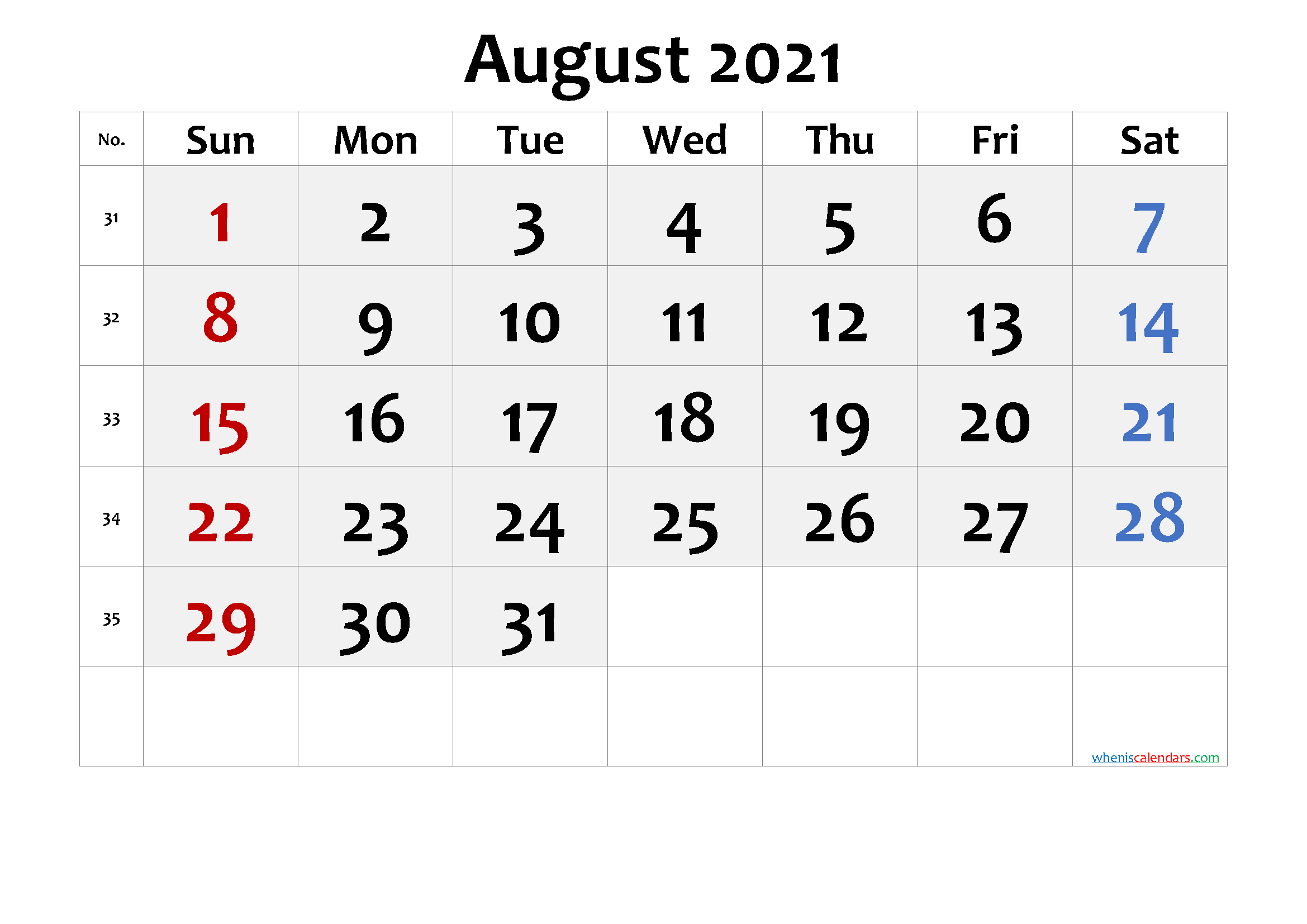 Free Printable AUGUST 2021 Calendar with Holidays