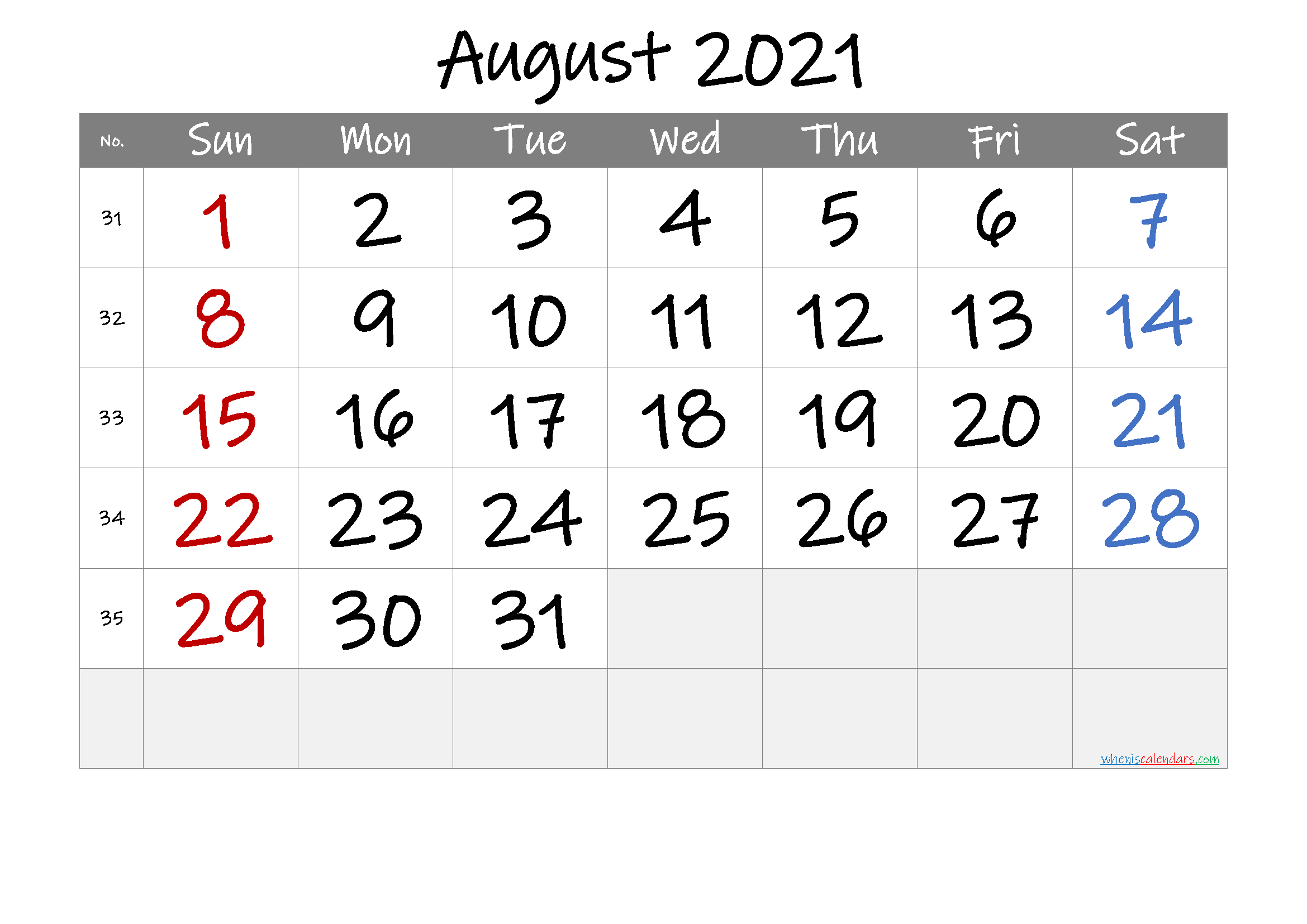 Free August 2021 Calendar Printable