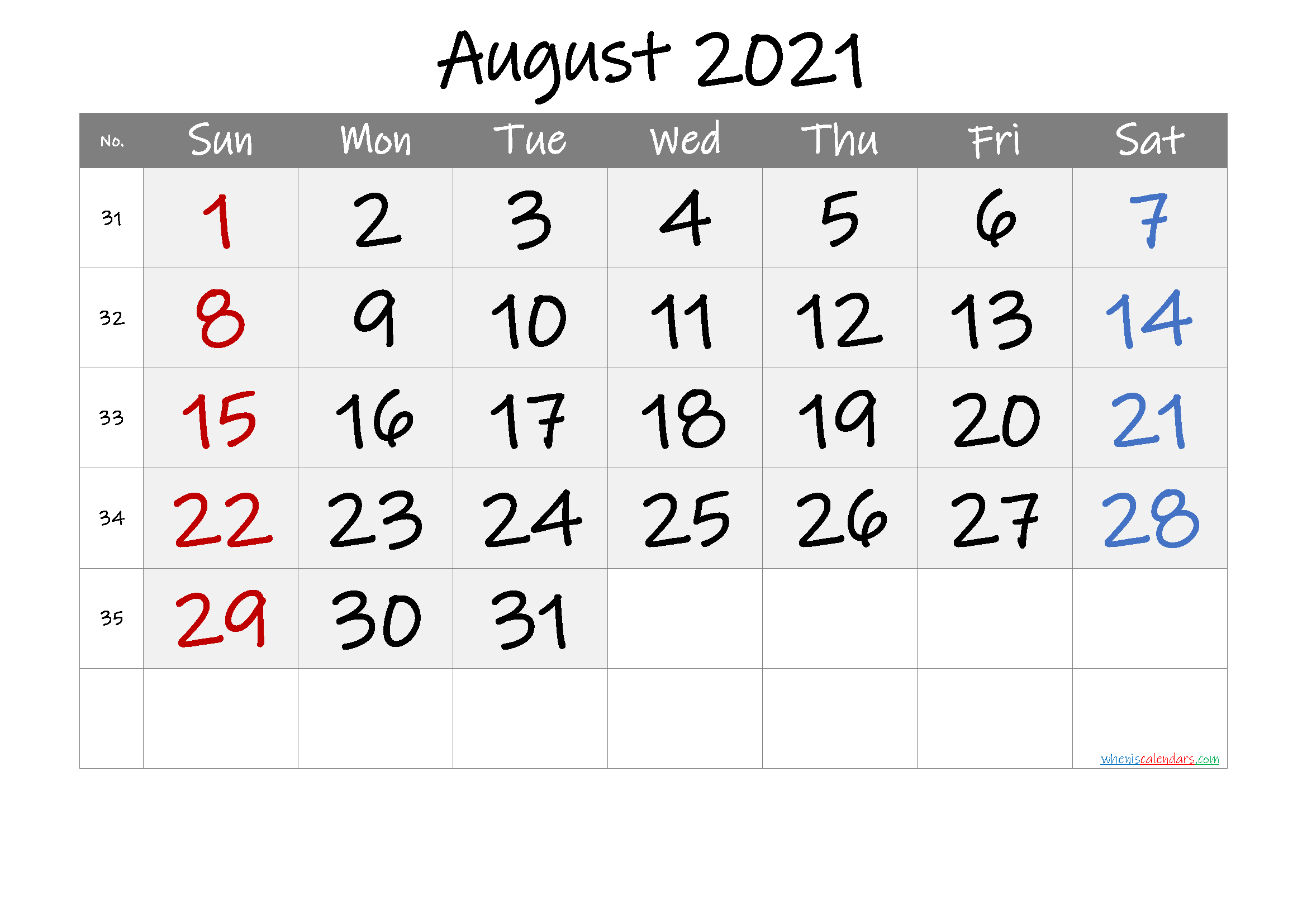 Printable AUGUST 2021 Calendar with Holidays