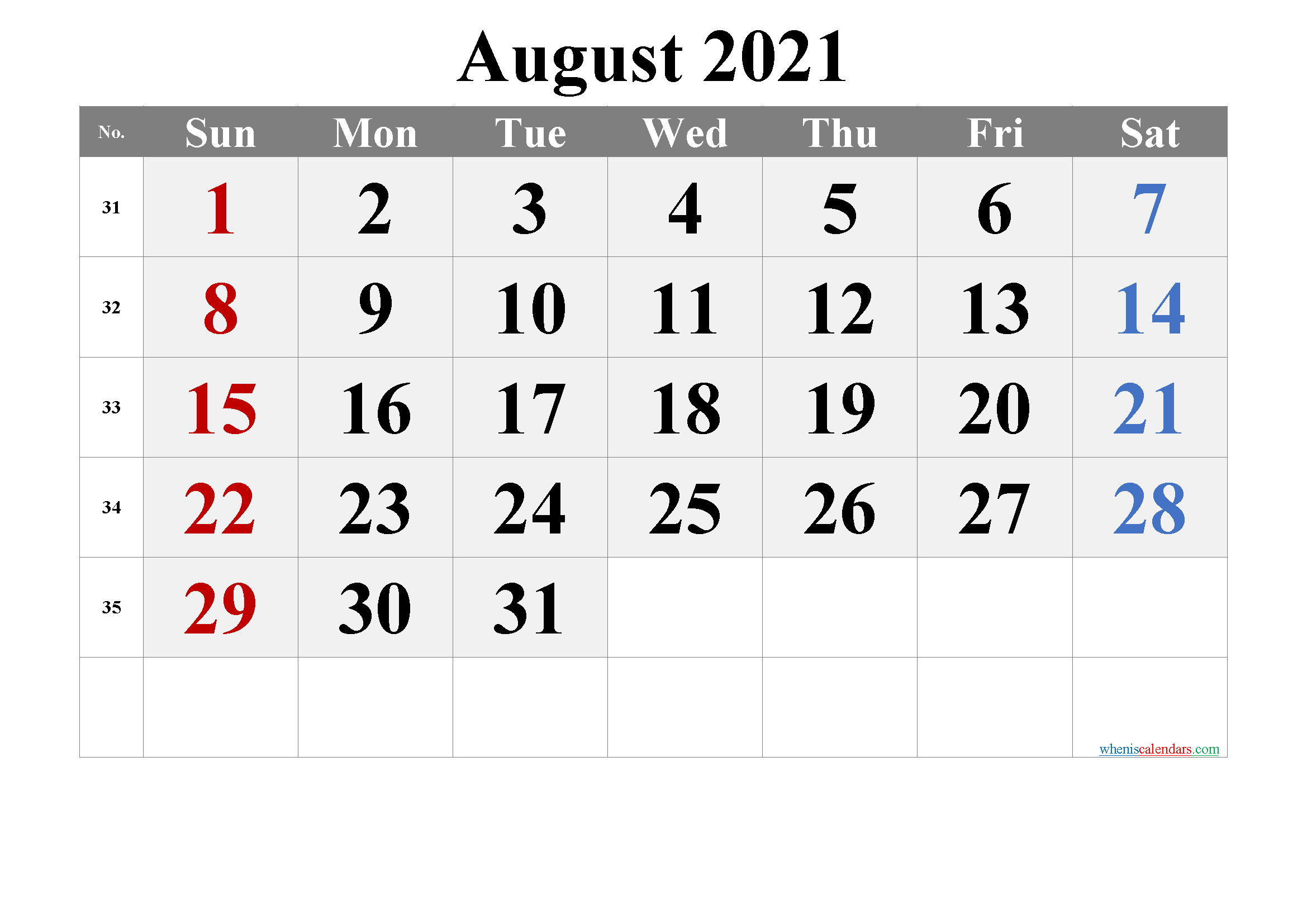 Printable August 2021 Calendar with Holidays
