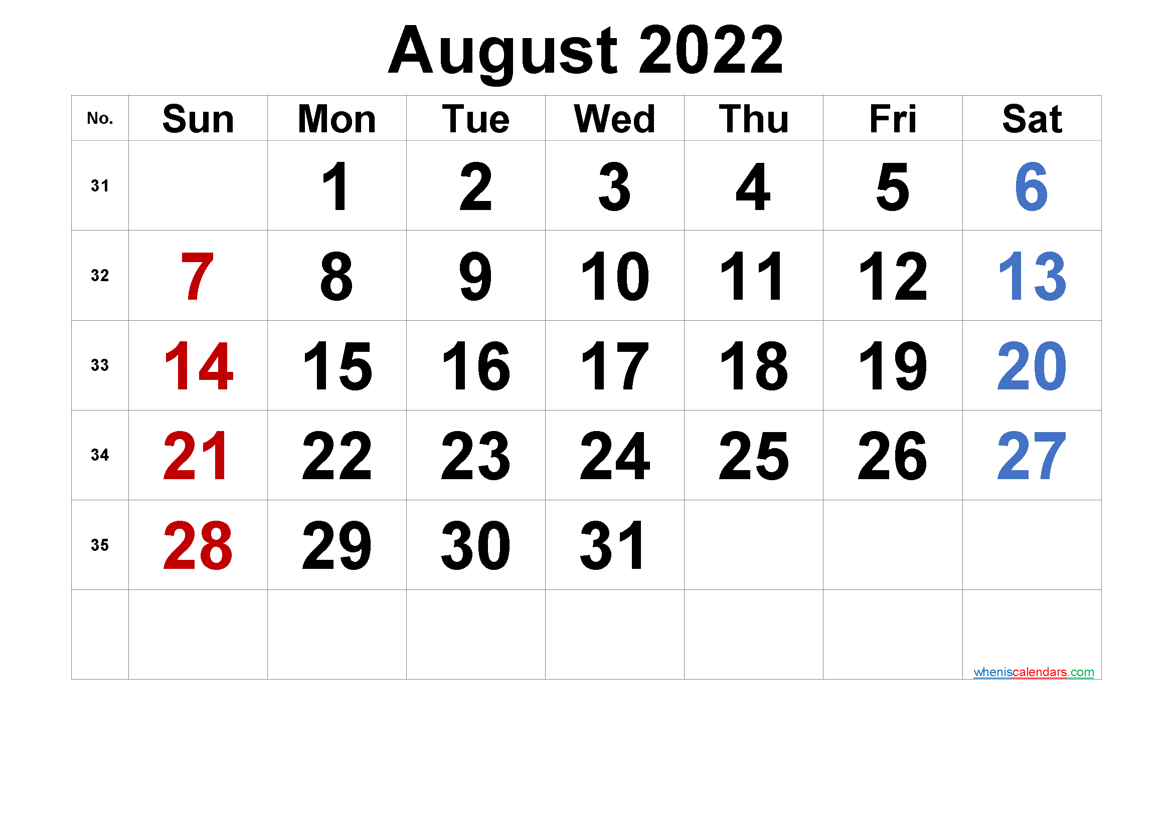 Free Printable August 2022 Calendar with Holidays