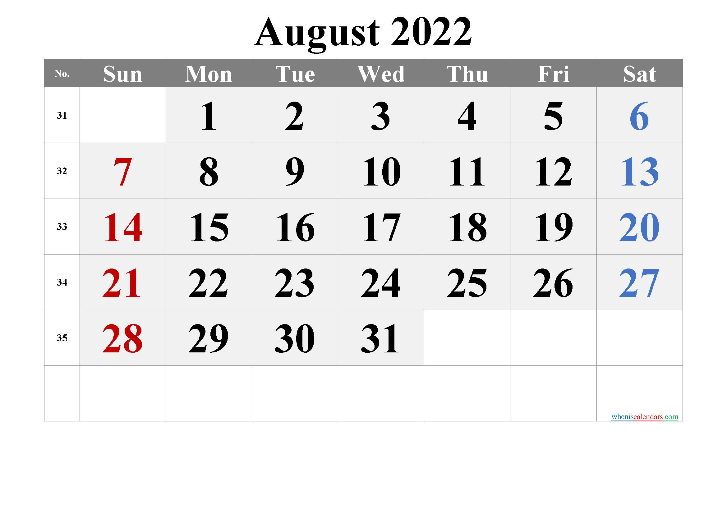 Printable August 2022 Calendar with Holidays