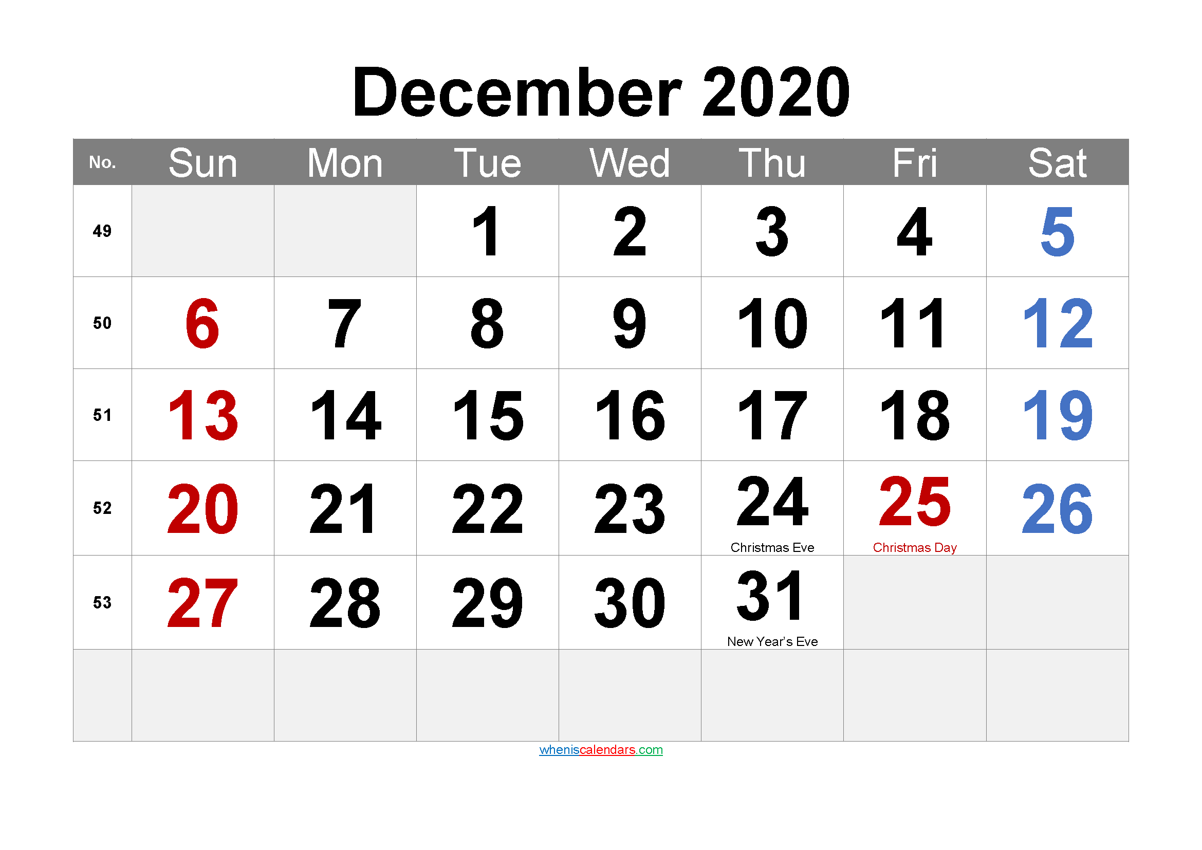 DECEMBER 2020 Printable Calendar with Holidays