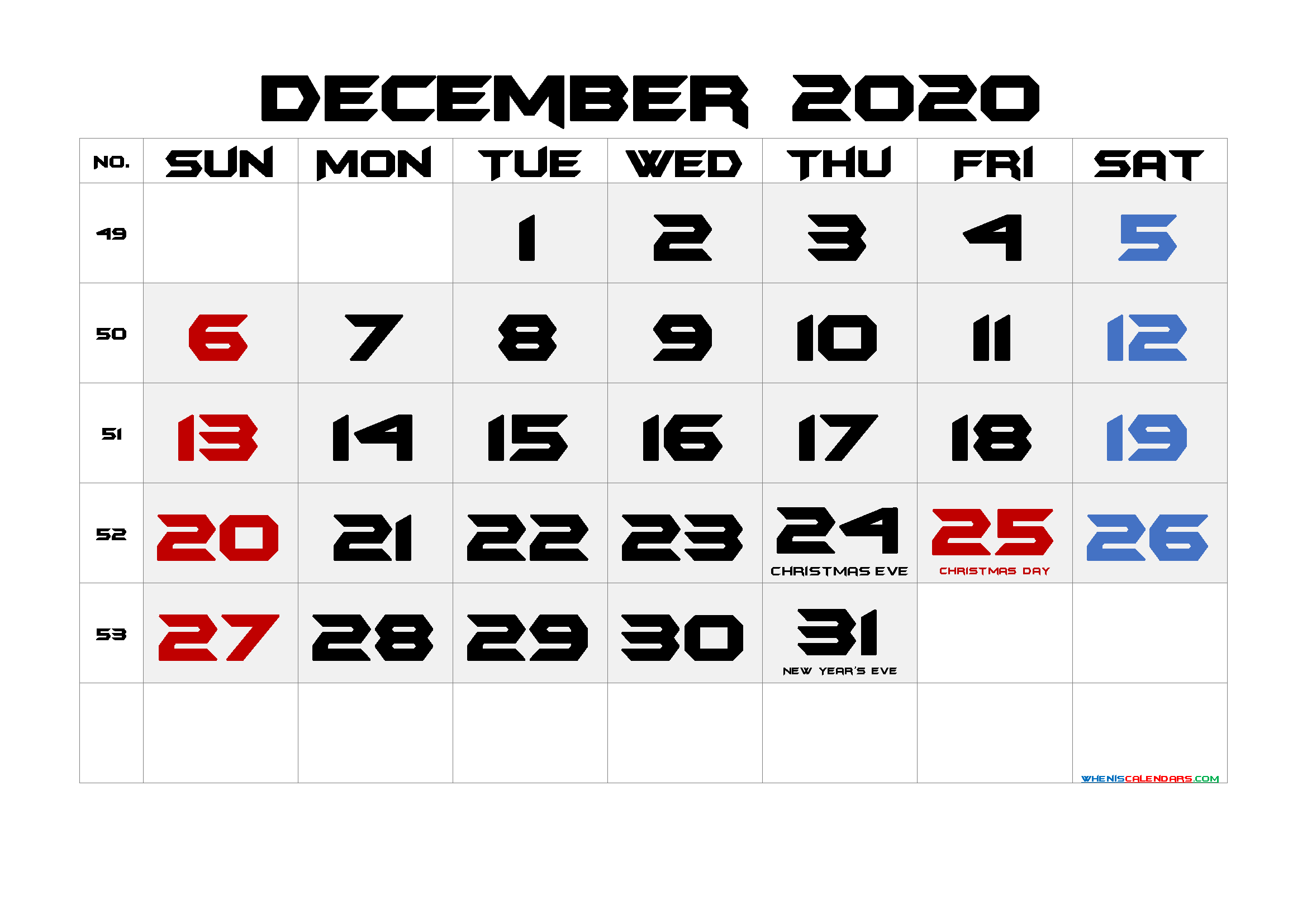 Free December 2020 Printable Calendar with Holidays