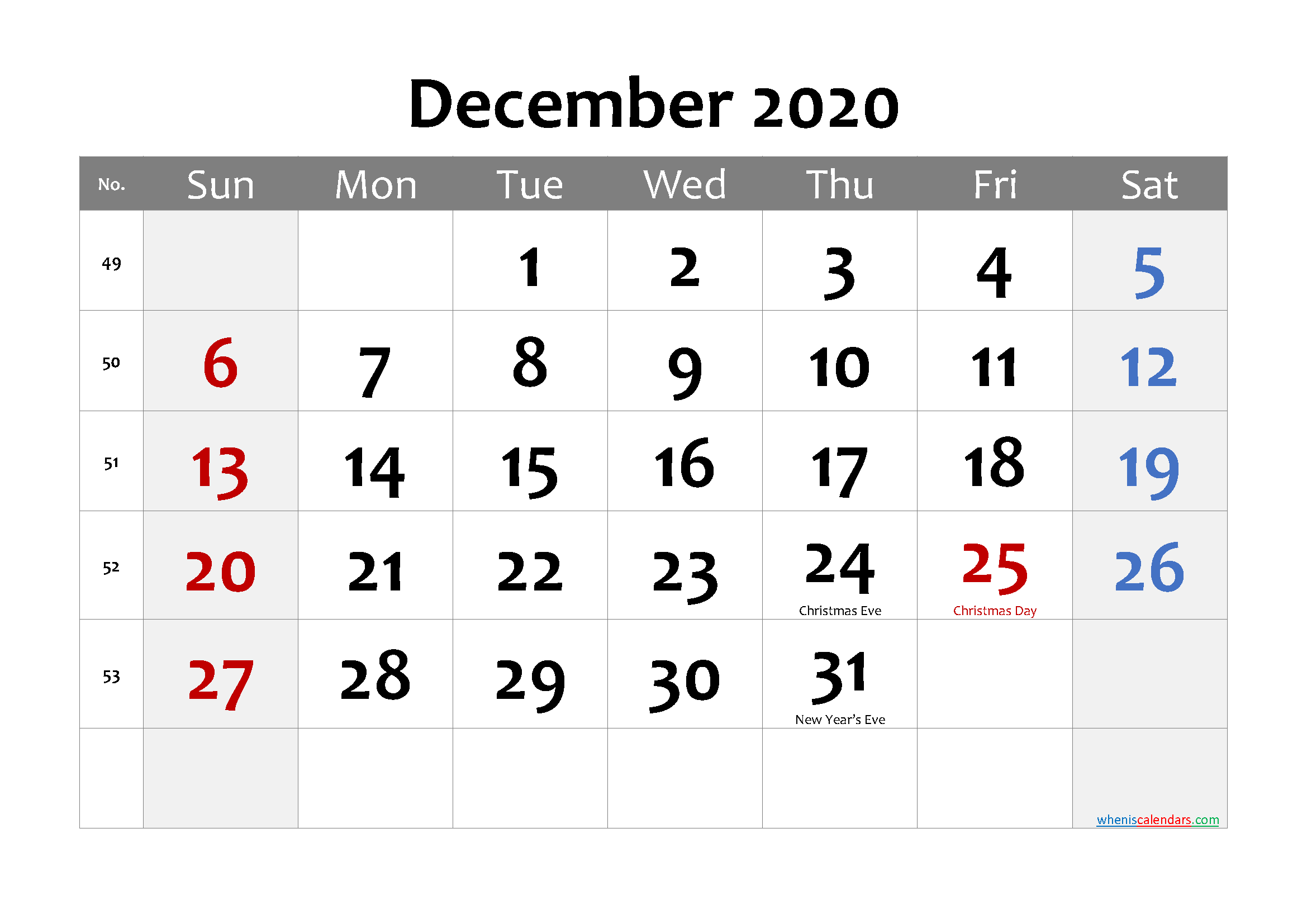 Printable DECEMBER 2020 Calendar with Holidays