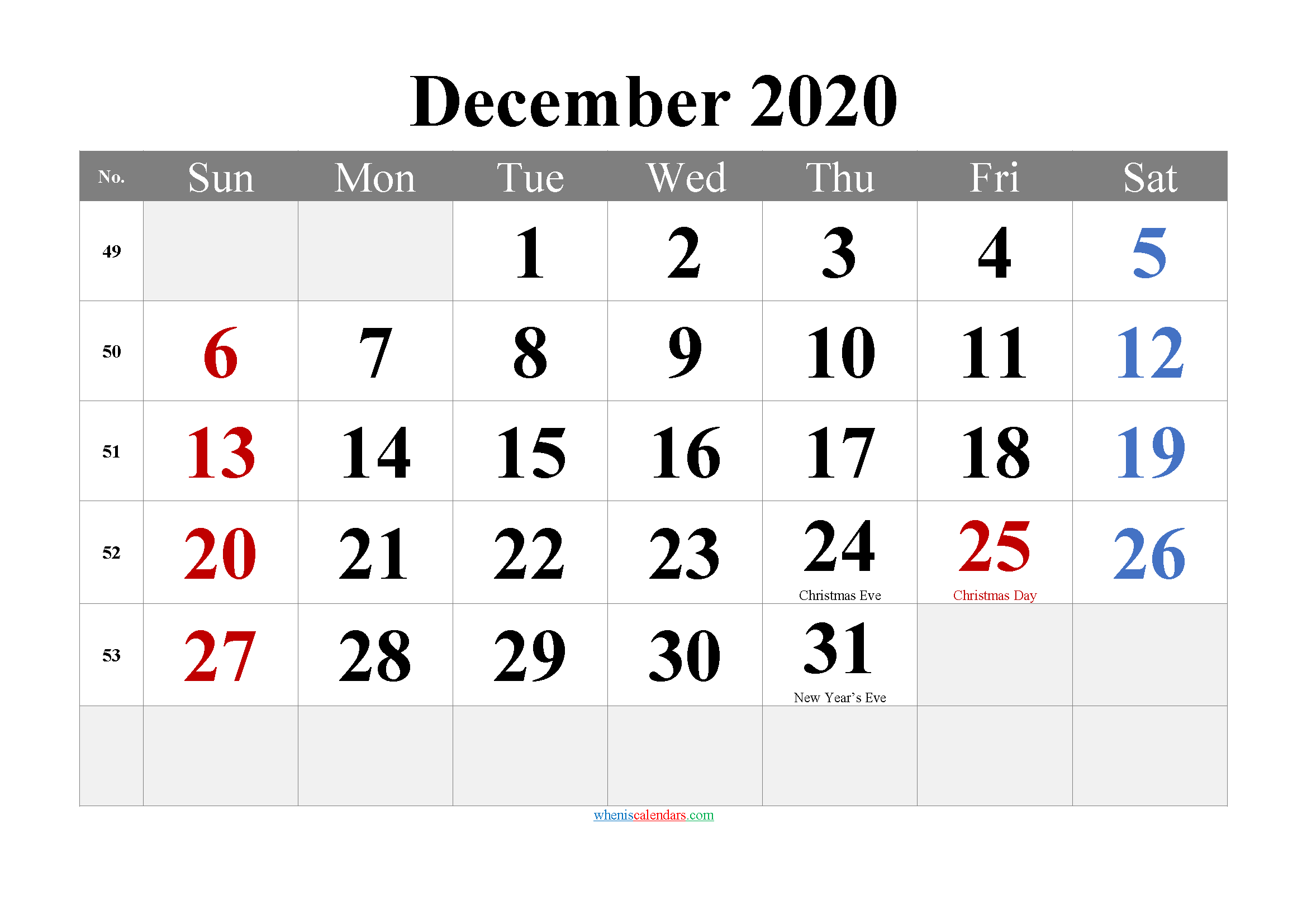 Free Printable DECEMBER 2020 Calendar with Holidays