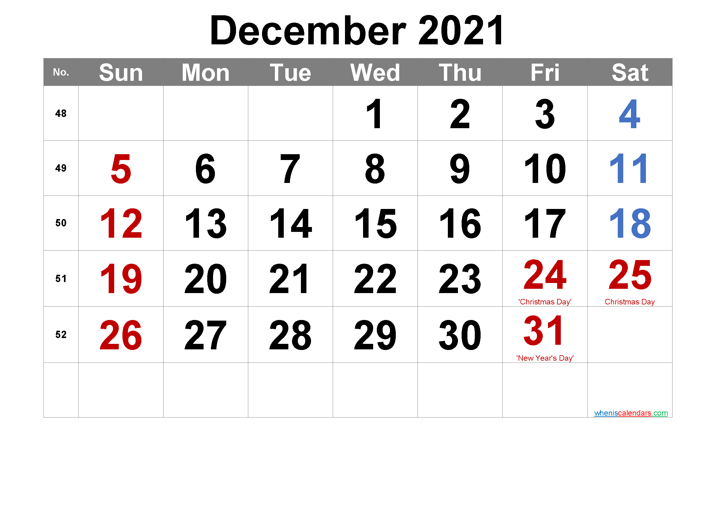 Printable DECEMBER 2021 Calendar with Holidays