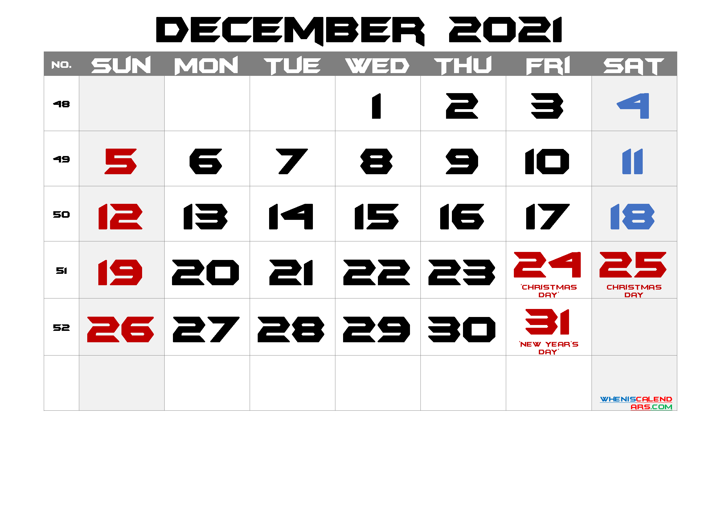 Printable DECEMBER 2021 Calendar with Holidays