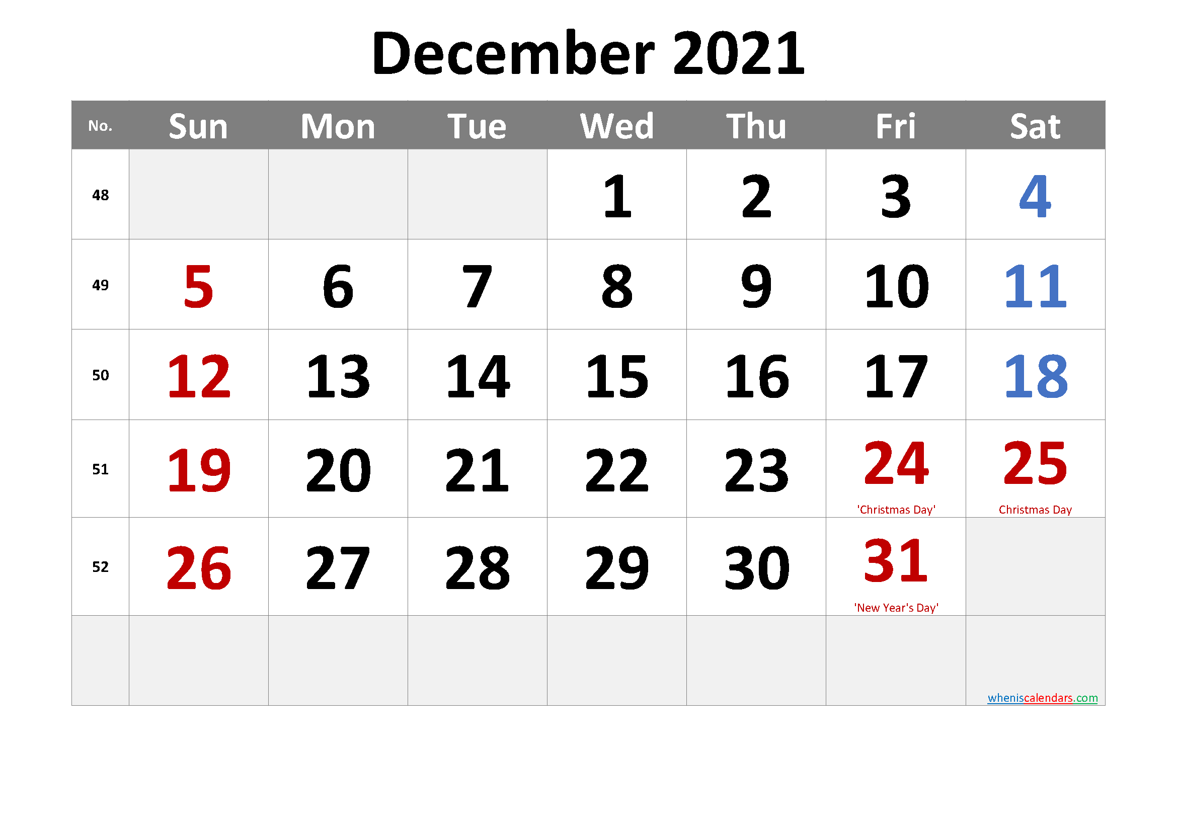 Free Printable DECEMBER 2021 Calendar with Holidays