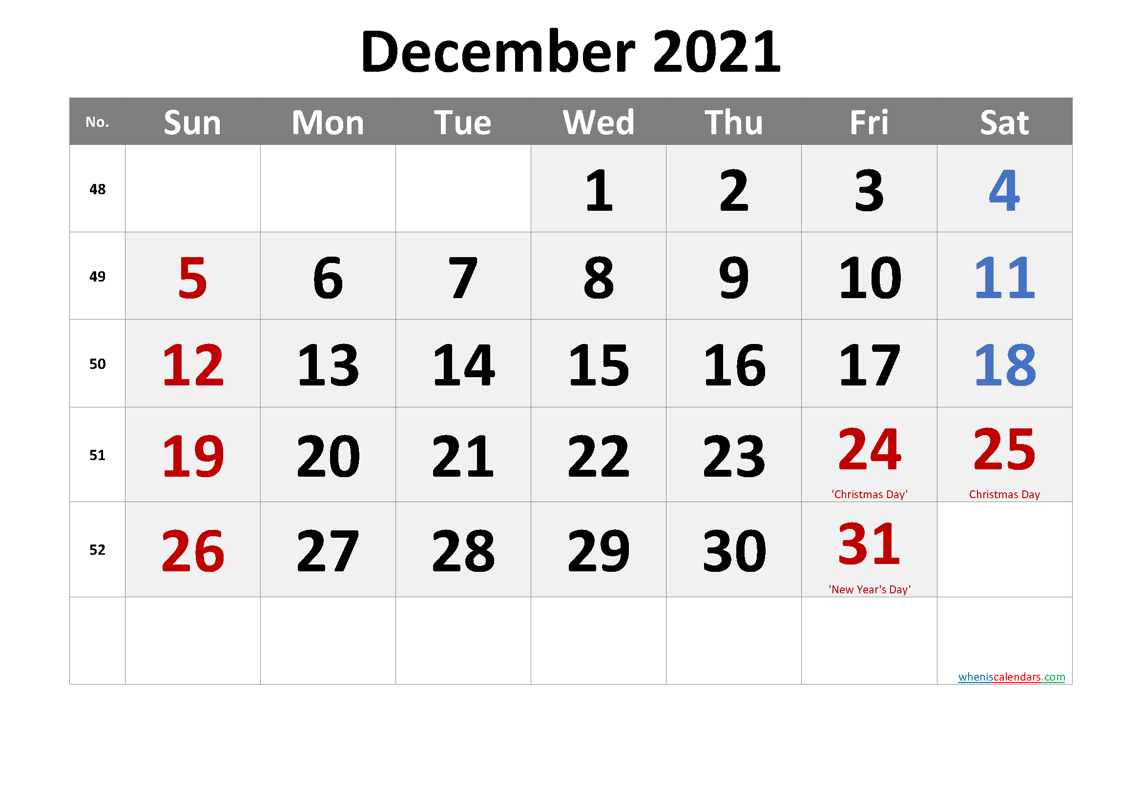 DECEMBER 2021 Printable Calendar with Holidays